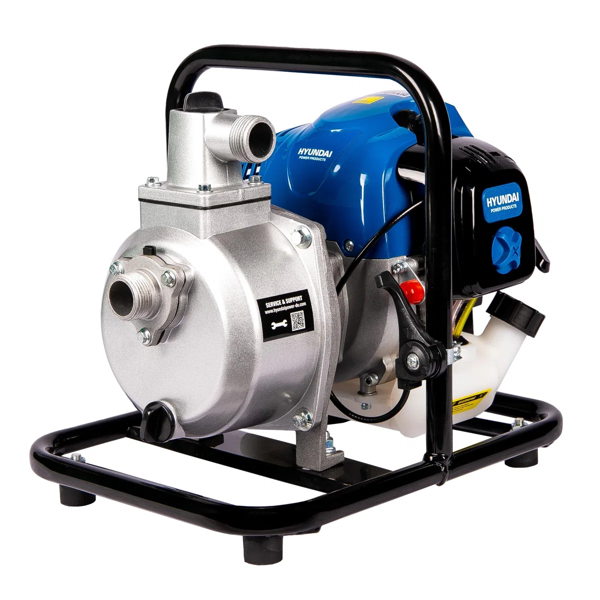 HYUNDAI Benzin Wasserpumpe GWP25052 – 1.84 PS, 2-Takt Motorpumpe, 8.000 l/h Förderleistung, 25 m Förderhöhe, mobile Gartenpumpe, Teichpumpe für Entwässerung & Bewässerung