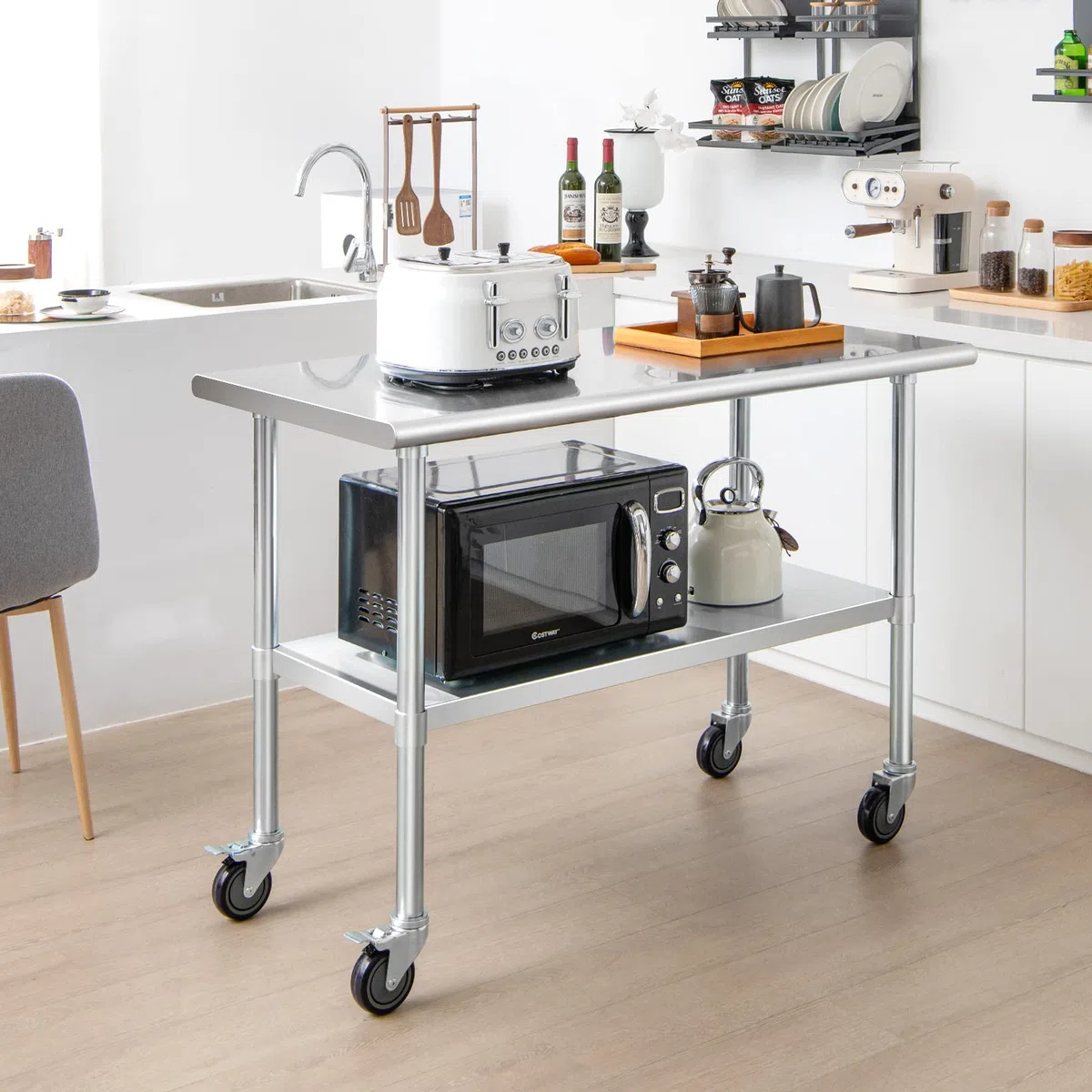 GIANTEX Edelstahl-Tisch mit universellen Rollen, Arbeitswagen mit großem Schreibtisch und verstellbarem Bodenregal, mobiler Metall-Bräunungstisch für Küche, Restaurant, Werkstatt, NF88931ES