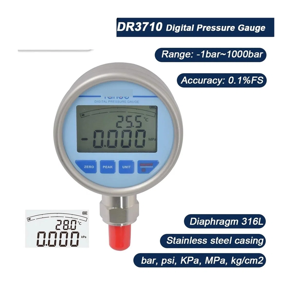 Digitales Manometer, Edelstahl-Membran-Manometer, Hintergrundbeleuchtung, Wasserzähler, Genauigkeit 0,1%(-100KPa-0KPa)