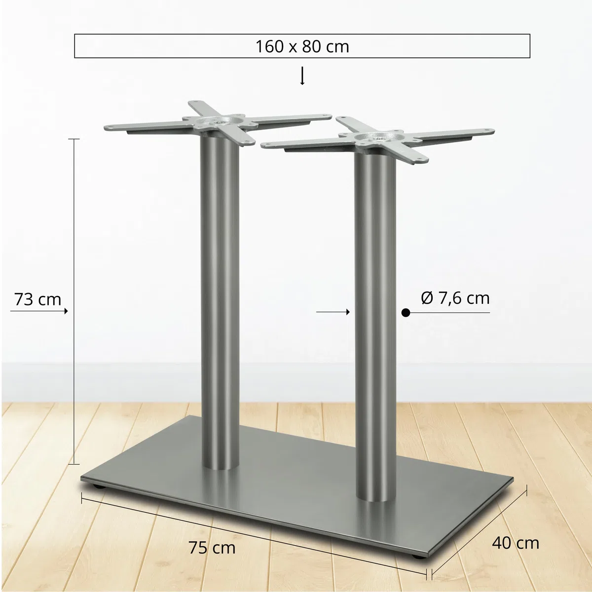 Doppel Tischgestell | Premium | PD7091inox | INOX | Edelstahl Esstisch Tischbein | Höhe 73 cm | 31 kg | Bodenplatte 75x40 cm | max. Tischplattengröße 160x80 cm