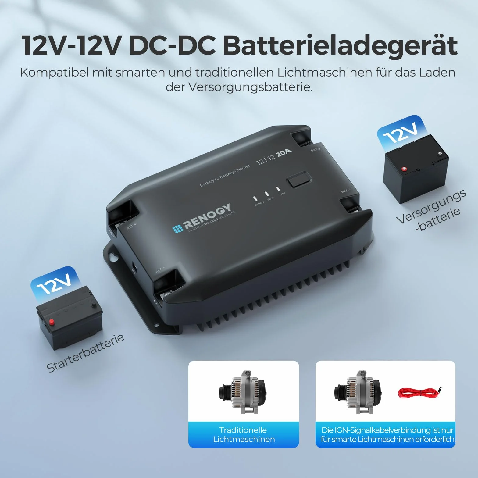 Renogy DC zu DC Batterie Ladegerät 12V 20A, Intelligent DCDC Batterieladegerät Laderegler Solar mit BT-2 Bluetooth Module