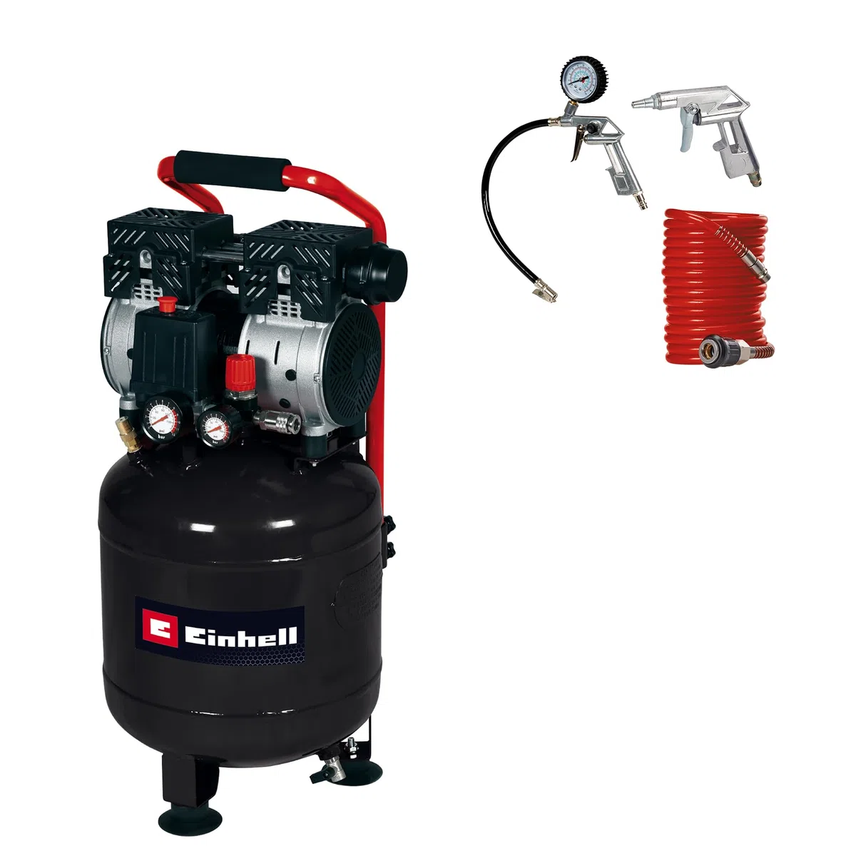 Einhell Kompressor TE-AC 24 Silent (leiser Kompressor mit 750 W Leistung, max. 8 bar, öl- und servicefreier Motor, 24 l-Tank, Manometer und Schnellkupplung, Sicherheitsventil)