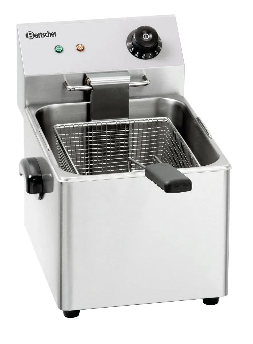Bartscher Fritteuse SNACK III Elektro-Tischgerät aus Edelstahl, 8 l Beckenvolumen, 5,5 l Korb, für Gastronomie, manuelle Temperaturregelung, silbergrau