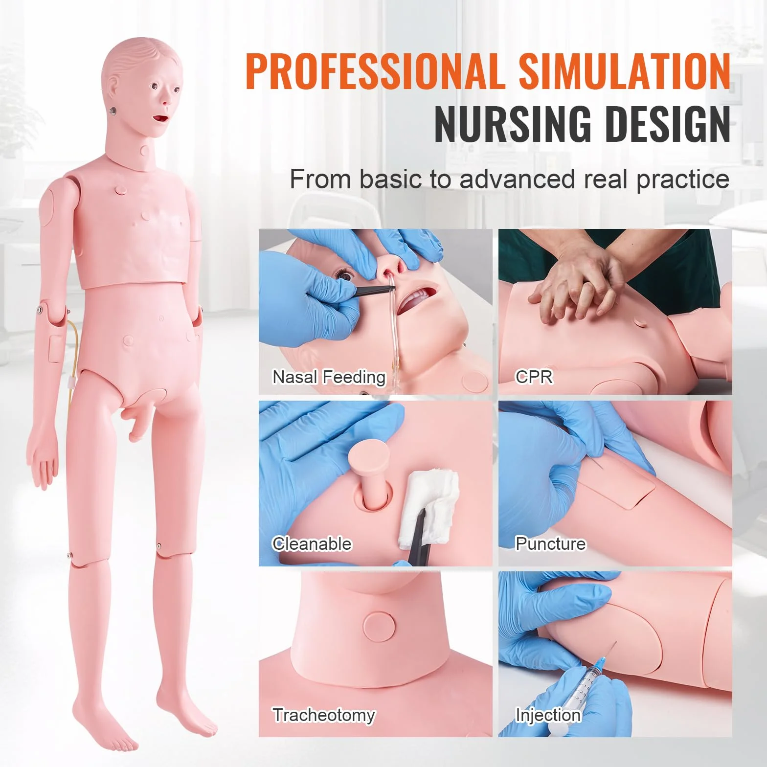 VEVOR Männliche Krankenpflege Übungspuppe Multifunktional Patientenversorgungssimulator 153 x 45 x 21 cm, Multifunktionale Pflege Ausbildung Pflege-Trainingspuppe Gleichmäßige Skalenformen Übungspuppe