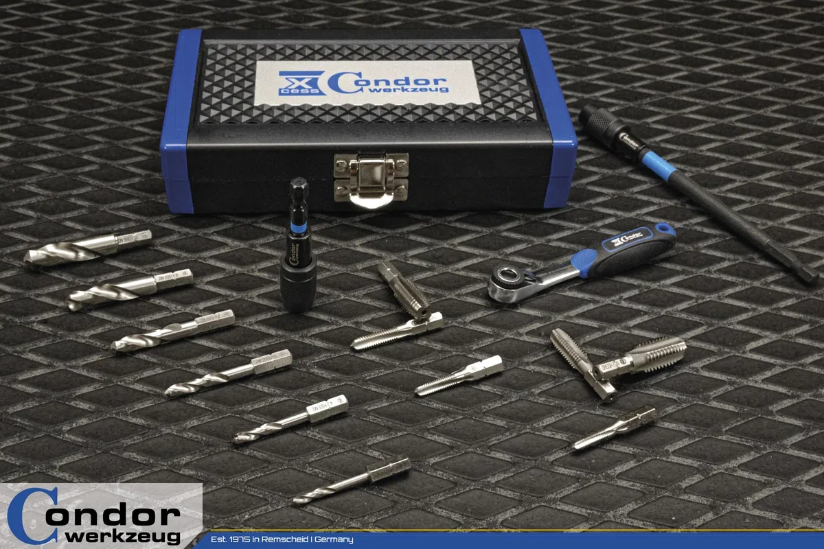 CONDOR Werkzeug 39602 | Kernloch Spiral- und Gewindebohrer-Bit-Satz mit Knarre & Adapter | 16-TLG. | 1/4" 6-Kant-Antrieb | M4-M12 | Xcess Performance | HSS Bohrer Set Profi Werkzeug