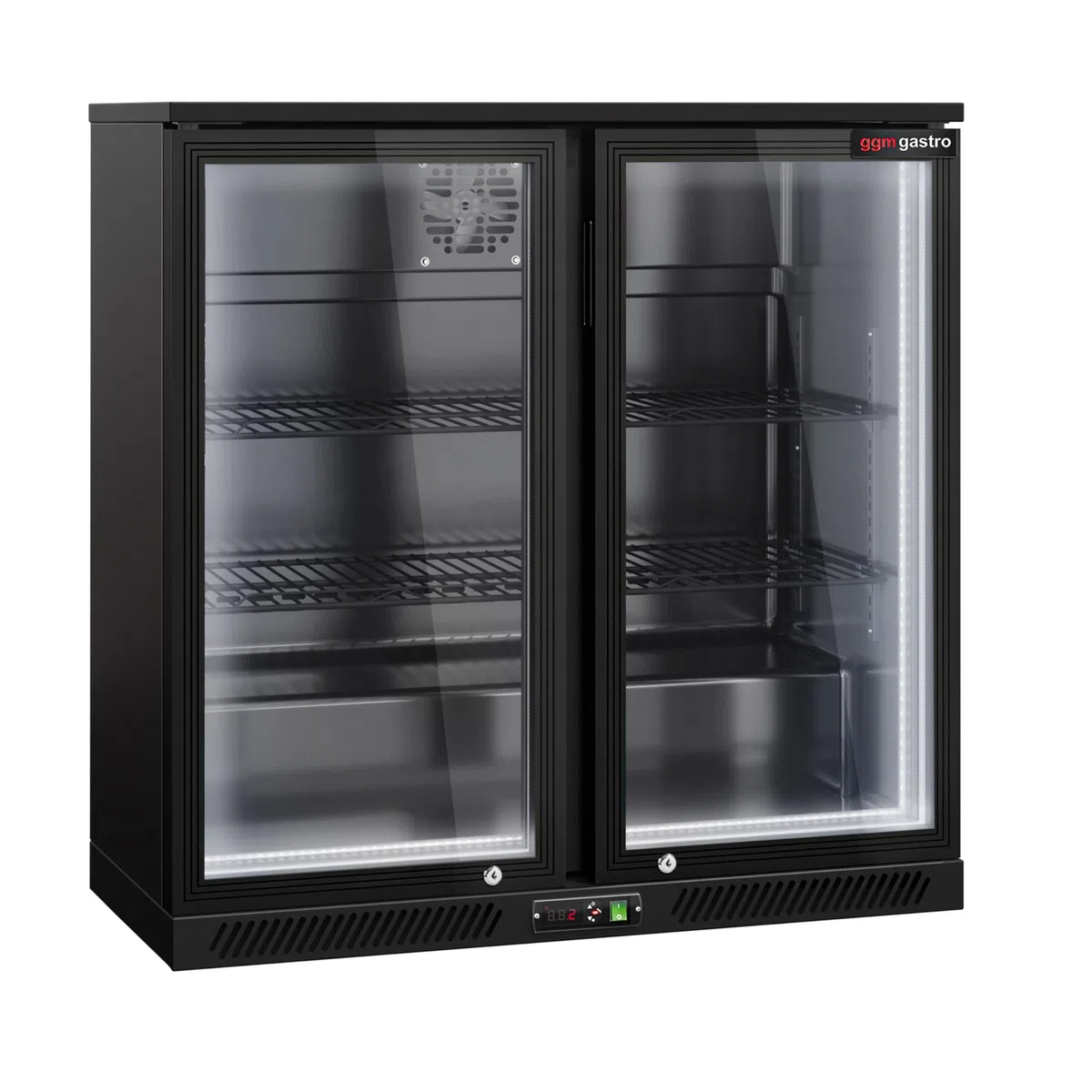 GGM Gastro | BKTLG220S | Barkühlschrank - 900mm - 220 Liter - mit 2 Glasflügeltüren - Außen & Innen Schwarz