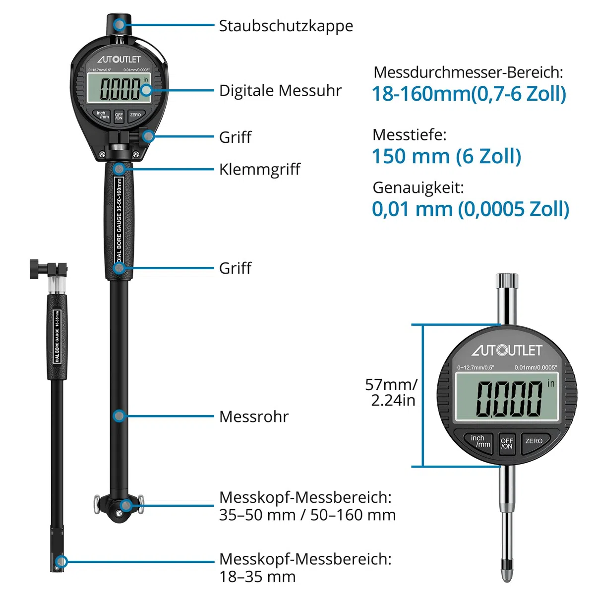 AUTOUTLET Digitales Bohrungsmessgerät Set 18–160mm, mit 23 Sonden & ABS-Box | 0,01mm Genauigkeit, MM/Zoll Anzeige, Robustes Aluminiumlegierung Innenmessgerät bis 150mm Tiefe, Zur Formabweichungsprüfung