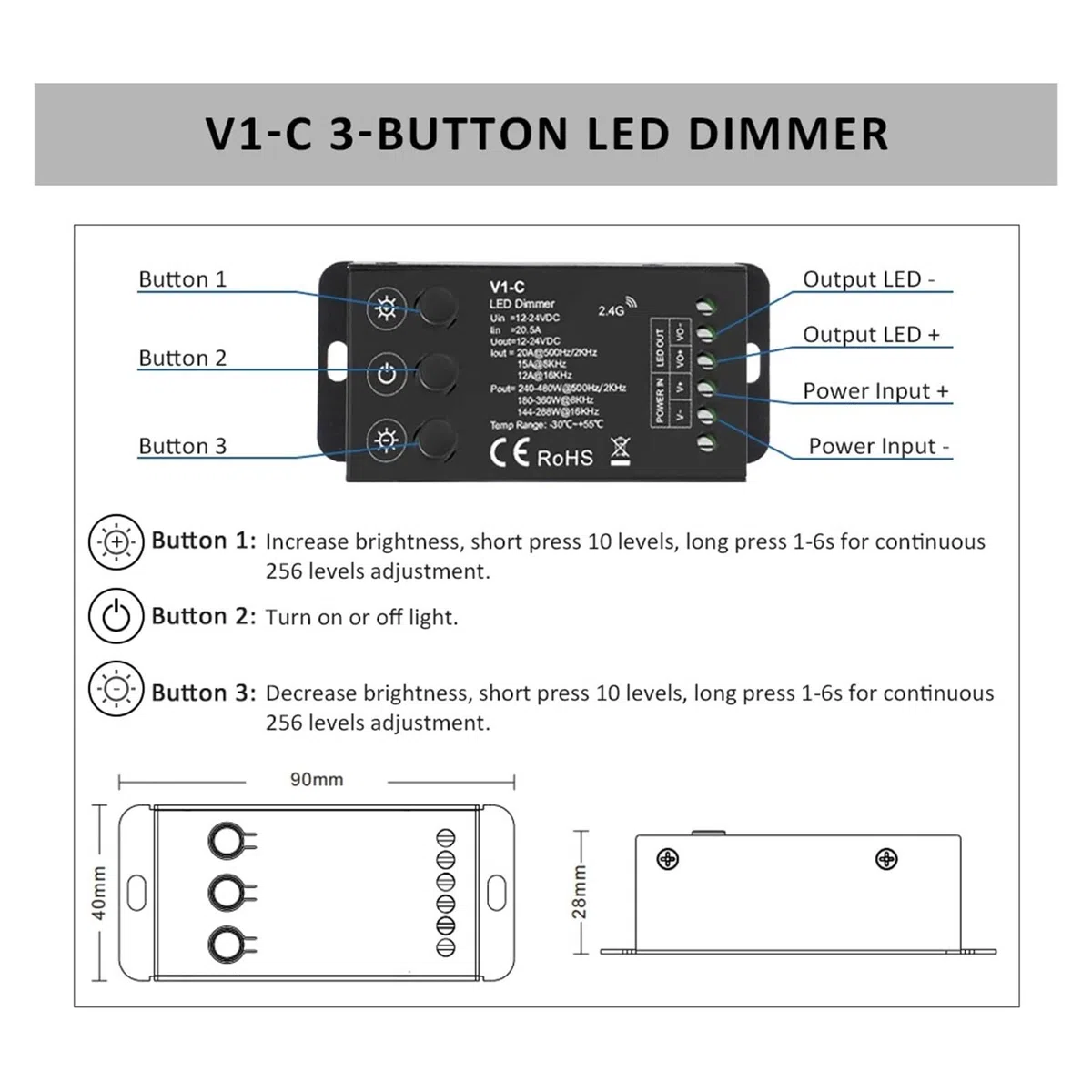 V1-C LED-Dimmer, 12 V, 24 V, PWM-Frequenz einstellbar, 2,4 G RF, Touch-Fernbedienung, einfarbige LED-Lichtleiste, 12-Volt-Dimmer(V1-C and R1 Set)