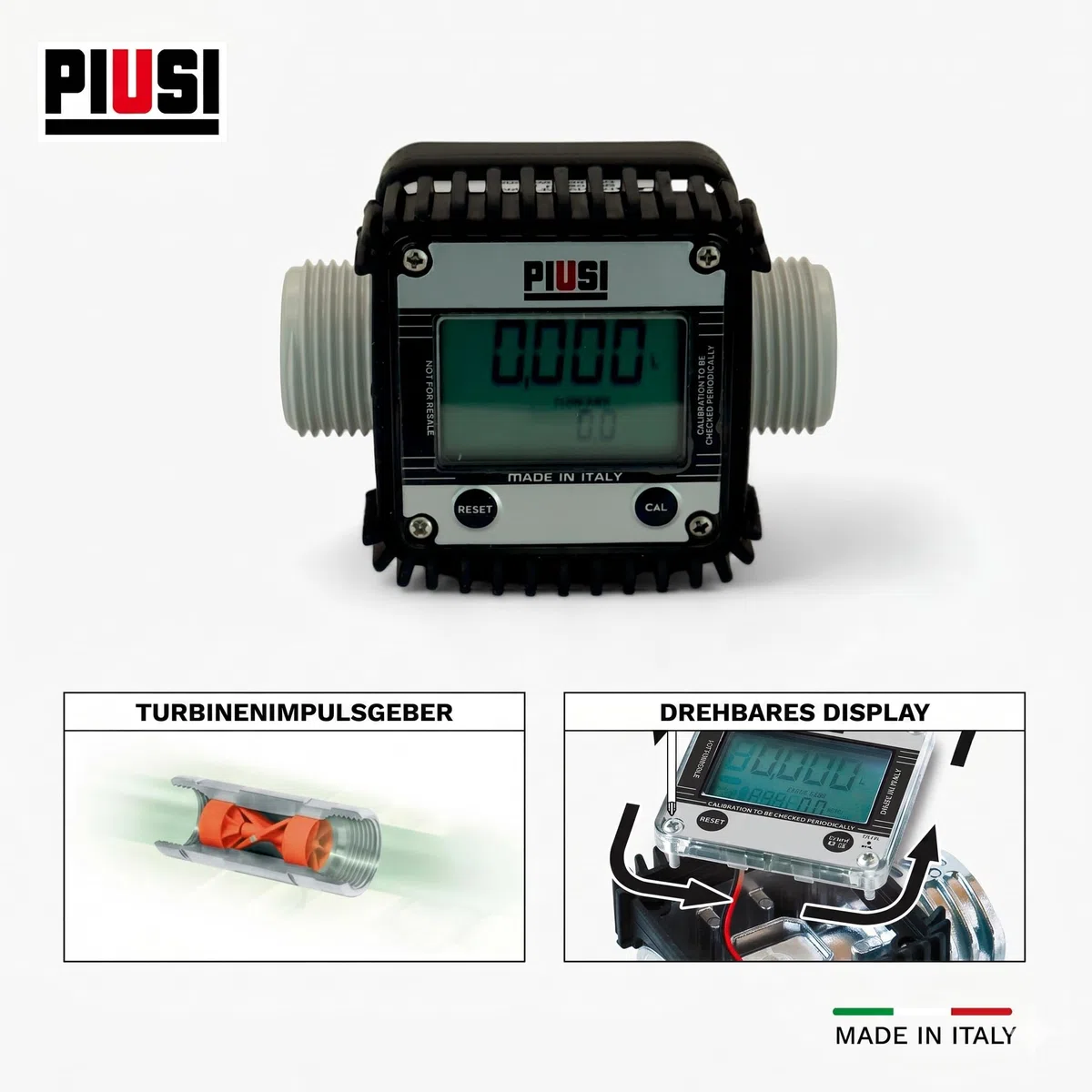 Piusi Digitales Turbinen-Durchflussmessgerät für Adblue/Wasser mit Anzeige für Durchflussraten bis zu 120 l/min, Druck 10 bar, Anschluss M/F 1” BSP und 4-Richtungen drehbares Display | K24 F0040710A