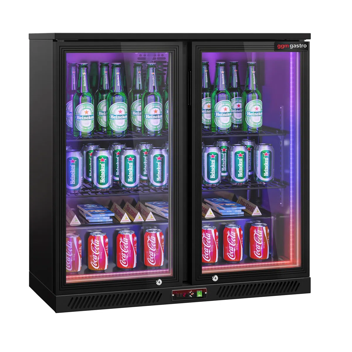 GGM Gastro | BKTLG220S | Barkühlschrank - 900mm - 220 Liter - mit 2 Glasflügeltüren - Außen & Innen Schwarz