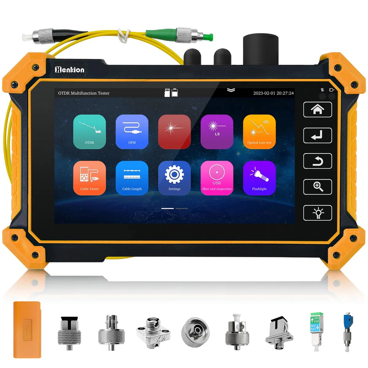 Henkion OTDR-Fasertester RSO-50 1310/1550 nm 26/24 dB, 5,5 Zoll IPS Touchscreen, OTDR Fiber Optic Tester mit integriertem OPM, LS, OLS, Ereigniskarte, Kabeltester mit 8 verschiedenen Glasfaseradaptern