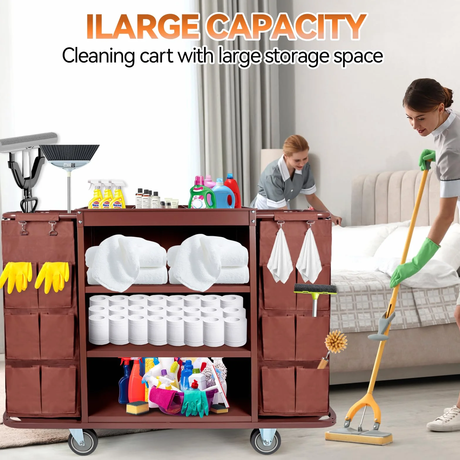 EBANKU Multifunktionaler Hotelwagen, Gewerblicher Reinigungswagen & Housekeeping-Trolley mit Großraumtasche und Rädern