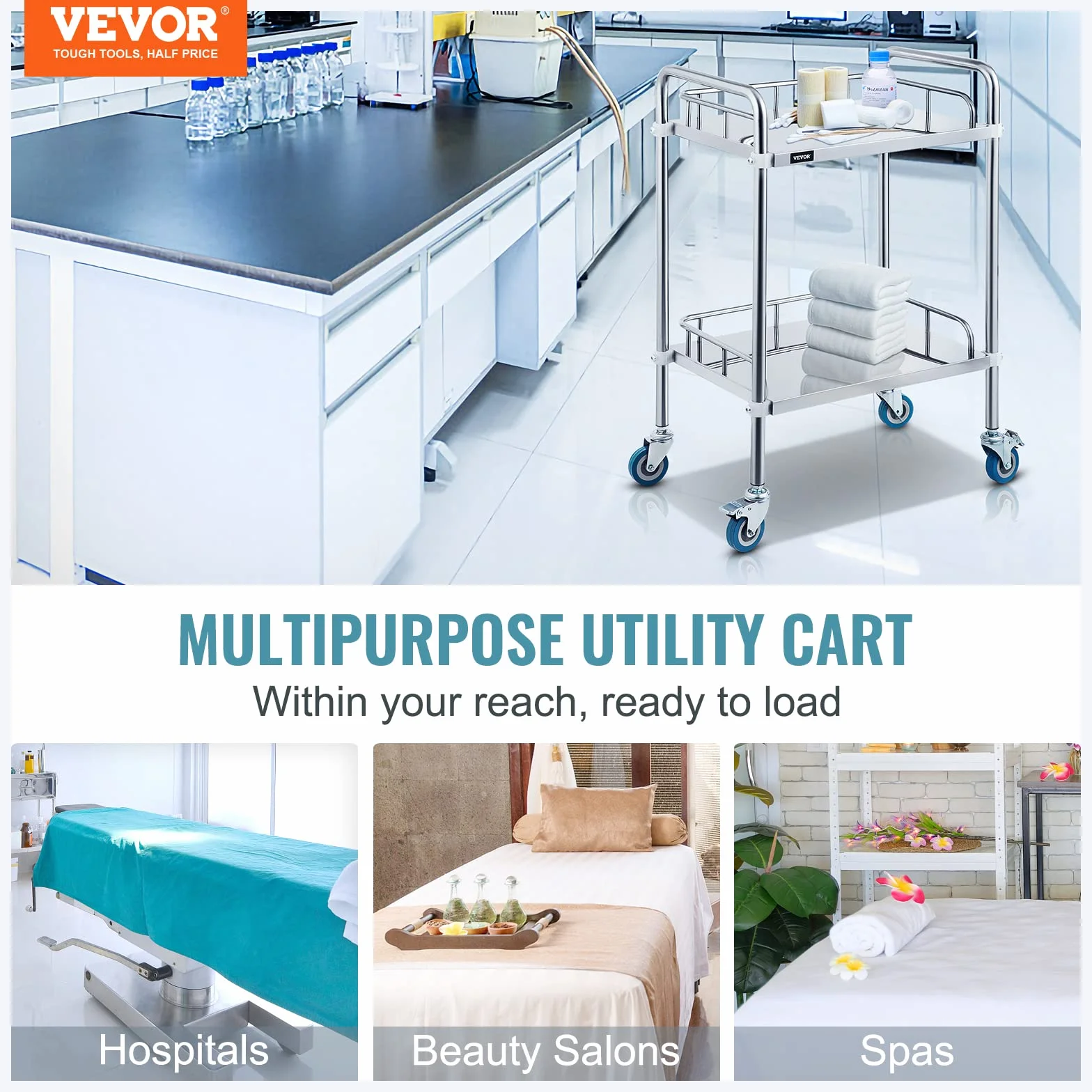 VEVOR Medizinischer Laborwagen, 56,9 x 38,4 x 87,1 cm, Edelstahl, 2 Schichten für Krankenhäuser, Metallwagen mit 4 Rädern, Omnidirektional für Kliniken, Cafés, Hotels