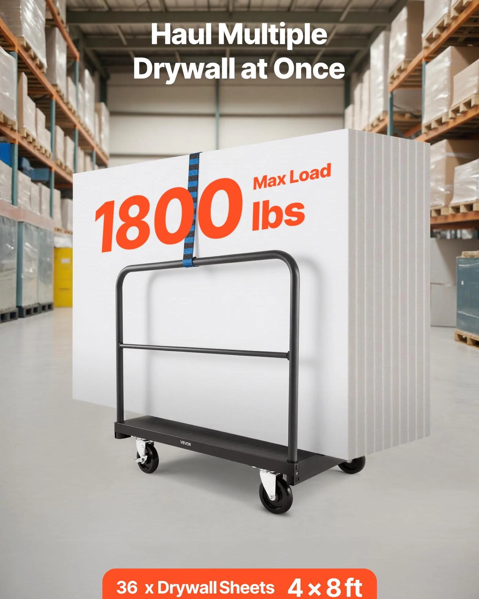 VEVOR Plattenwagen, 816 kg, 2-in-1 Transportwagen mit 360° Lenkrollen, Plattenroller, Plattenkarre mit 4 seitlichen Handläufen, Transporthilfe für Fabrik, Lager, Garage, Schwarz 914x610x858 mm