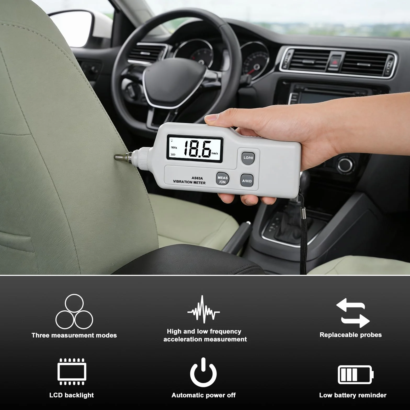 AS63A Digitales Schwingungsmessgerät, Schwingungsanalysator mit LCD-Display Messung von Beschleunigung Geschwindigkeit und Verschiebung Vibrationsmessgerät mit Hochpräzise Sonde