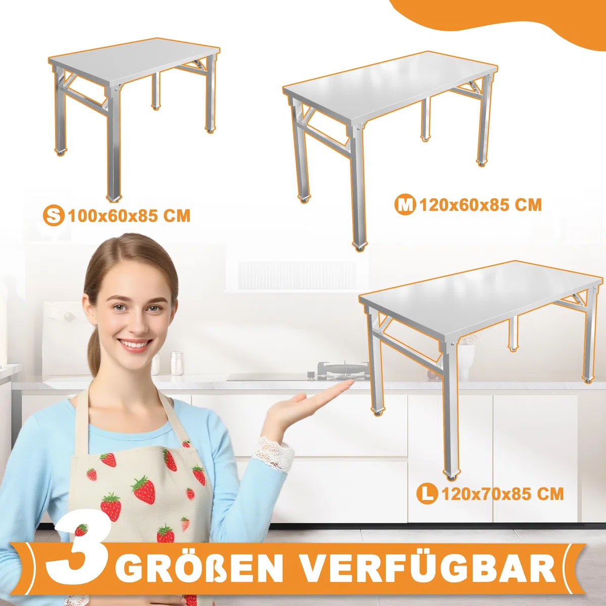 UISEBRT Edelstahl klapptisch mit 300 kg Tragkraft und justierbaren Stellfüßen, Klappbar Arbeitstisch Serviertisch Küchentisch für Gastronomie Küche Bar Restaurant, 120x60x85cm