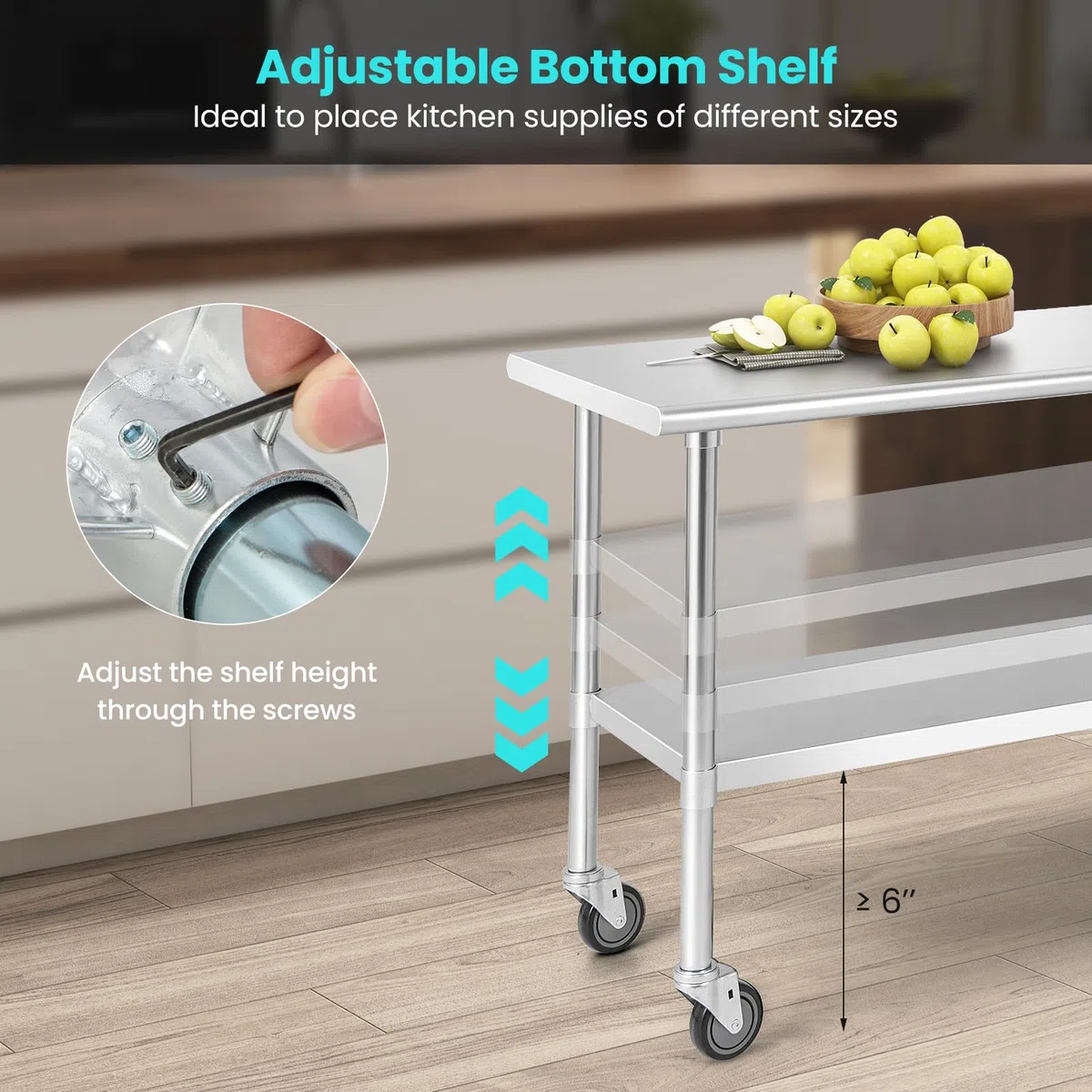 GIANTEX Edelstahl-Tisch mit universellen Rollen, Arbeitswagen mit großem Schreibtisch und verstellbarem Bodenregal, mobiler Metall-Bräunungstisch für Küche, Restaurant, Werkstatt, NF88931ES