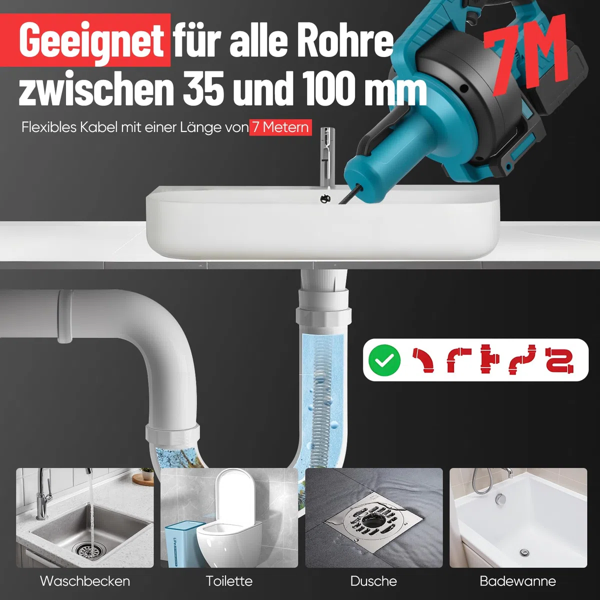Akku Rohrreinigungsmaschine für Makita Akku 21V,rohrreinigungsspirale elektrisch mit 7.4M, Geeignet für 35–100 mm Rohre,spirale abfluss rohrreinigung für Abwasserkanäle, Toiletten(ohne Akku)