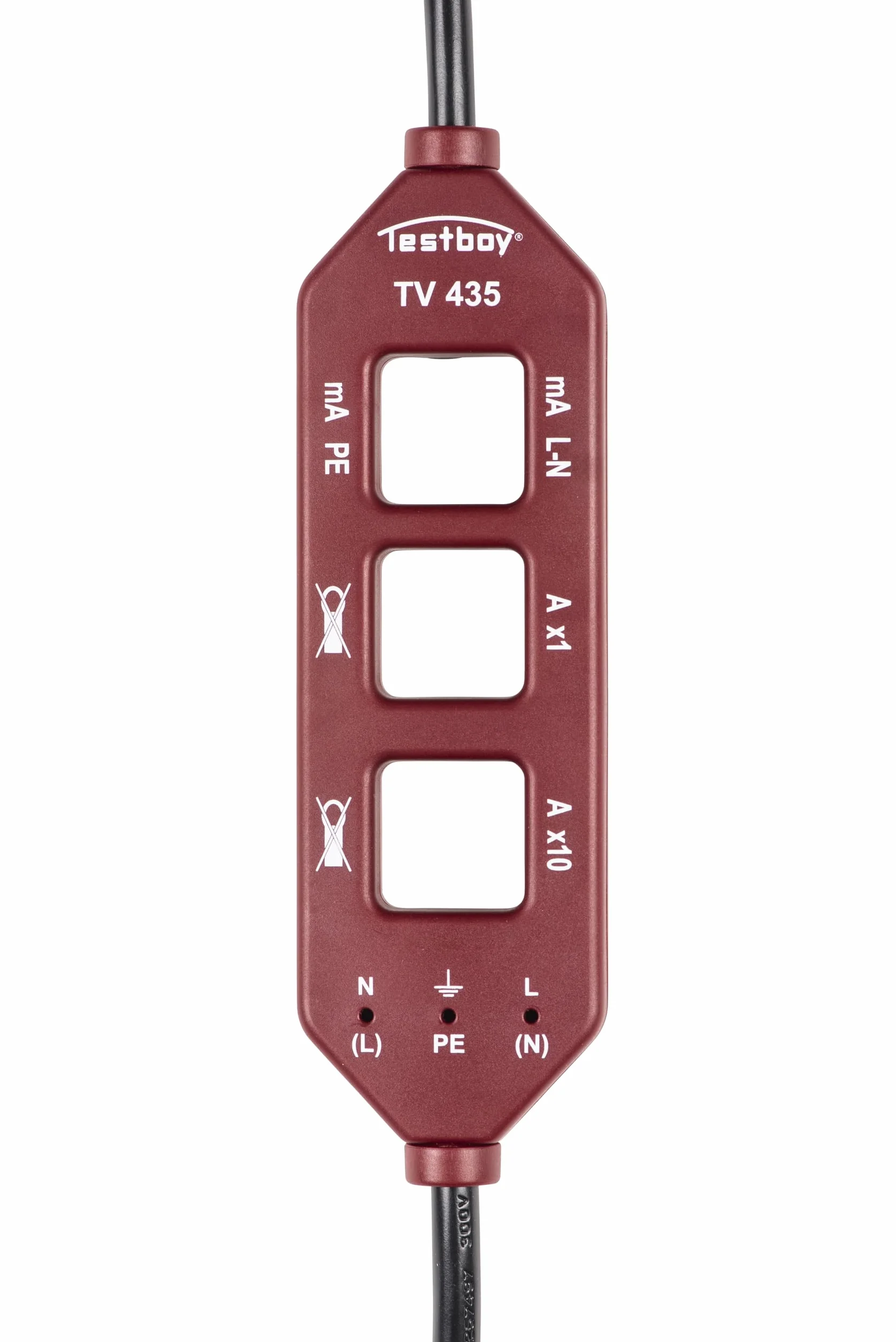 Testboy TV 435 Strom-Messadapter (Line-Splitter, Adapter mit Schuko-Anschlüssen, einfache & 10-fache Laststrommessung, Schutzleiterstrommessung, integrierte Messbuchsen), Rot/Schwarz