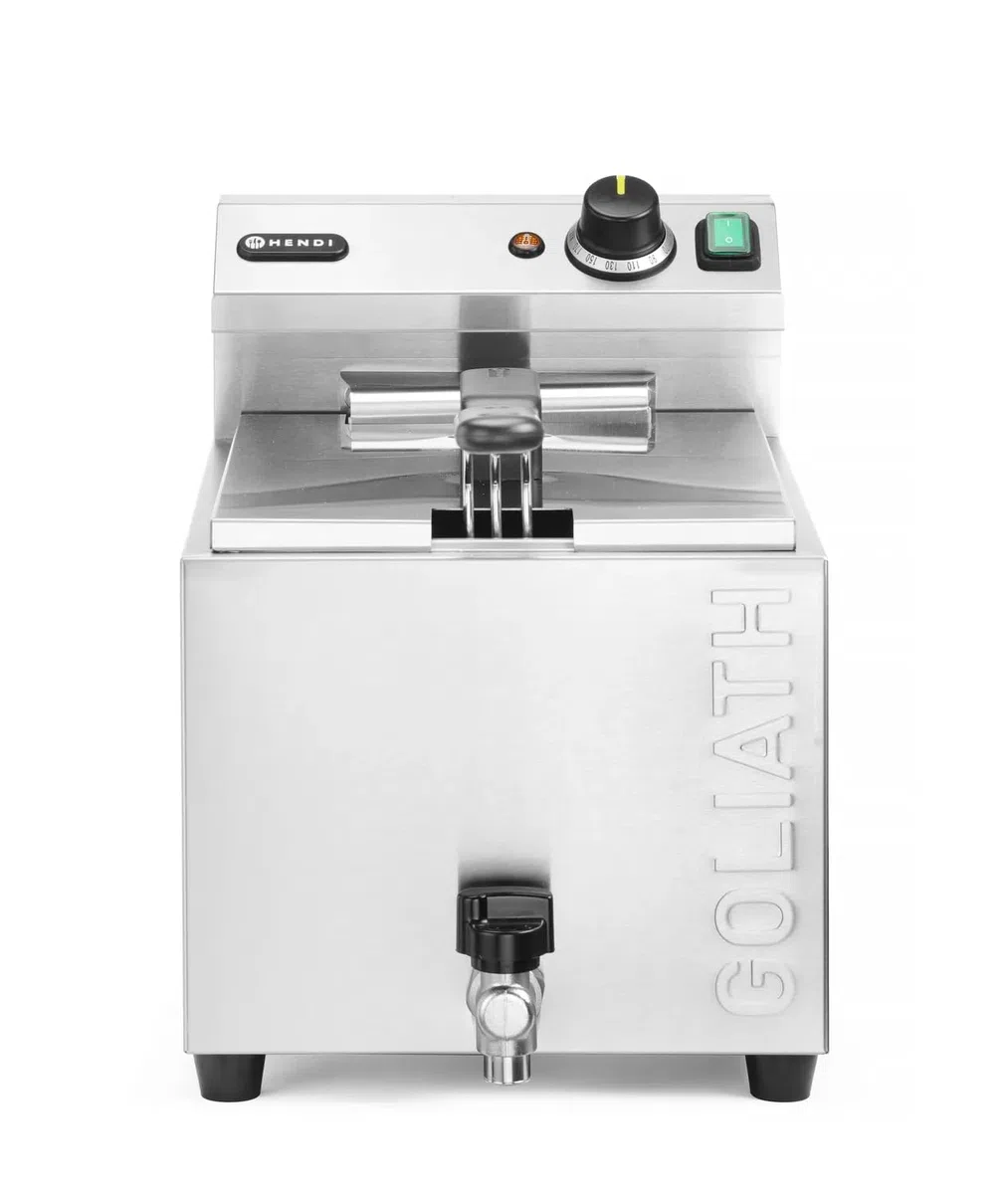HENDI Fritteuse XL, GOLIATH, mit Ablasshahn, mit Frittierkorb und Deckel, Temperaturbereich: 50° bis 190°C, Kaltzone, extra Leistung, Frittierbehälter, 10L, 400V/10,2kW, 300x585x(H)392mm, Edelstahl