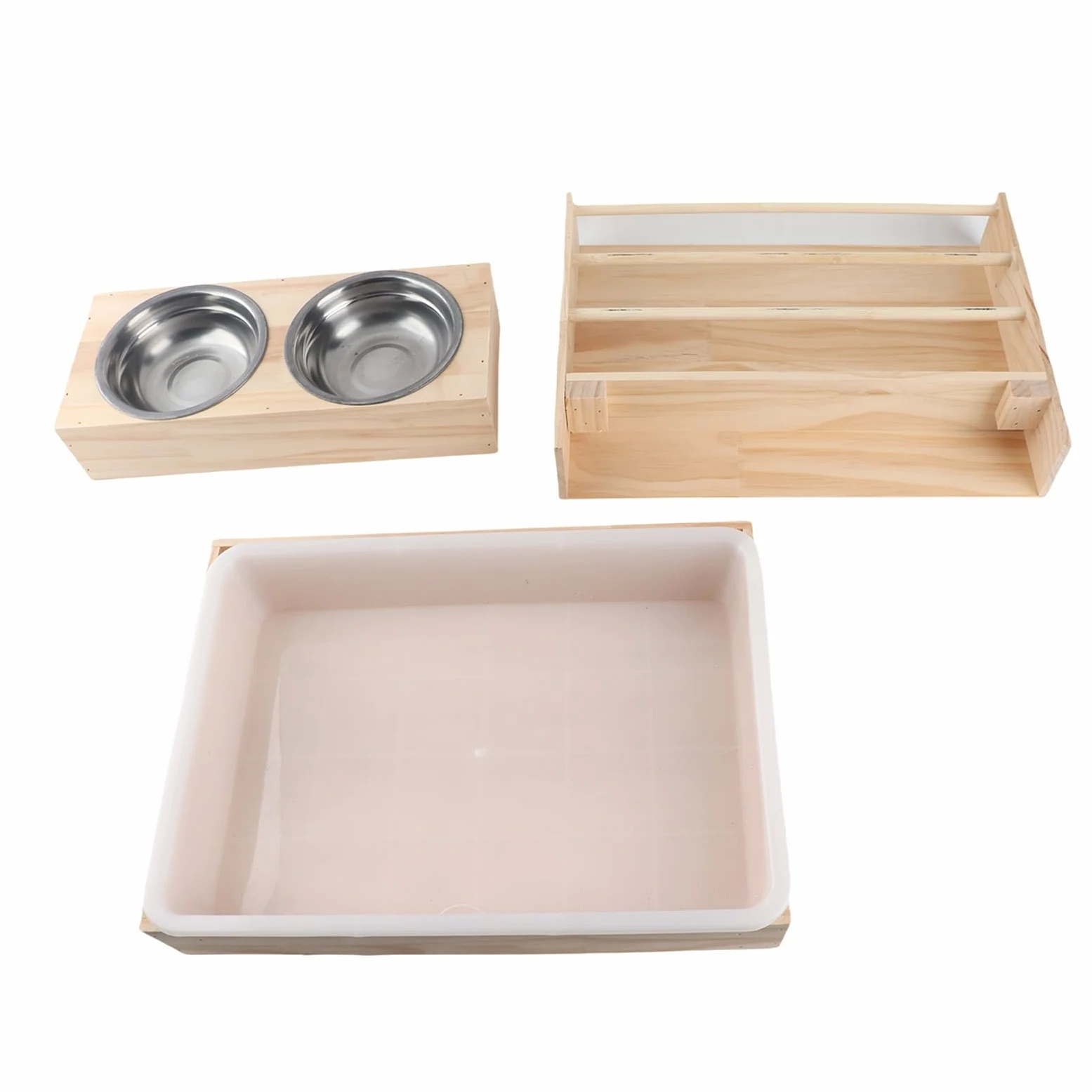 Cocoarm Kaninchen Heuraufe, 3 in 1 Futterspender aus Holz mit Großer | Katzentoilette aus Massivholz und Kunststoff, Edelstahlnäpfe, Kippsicher