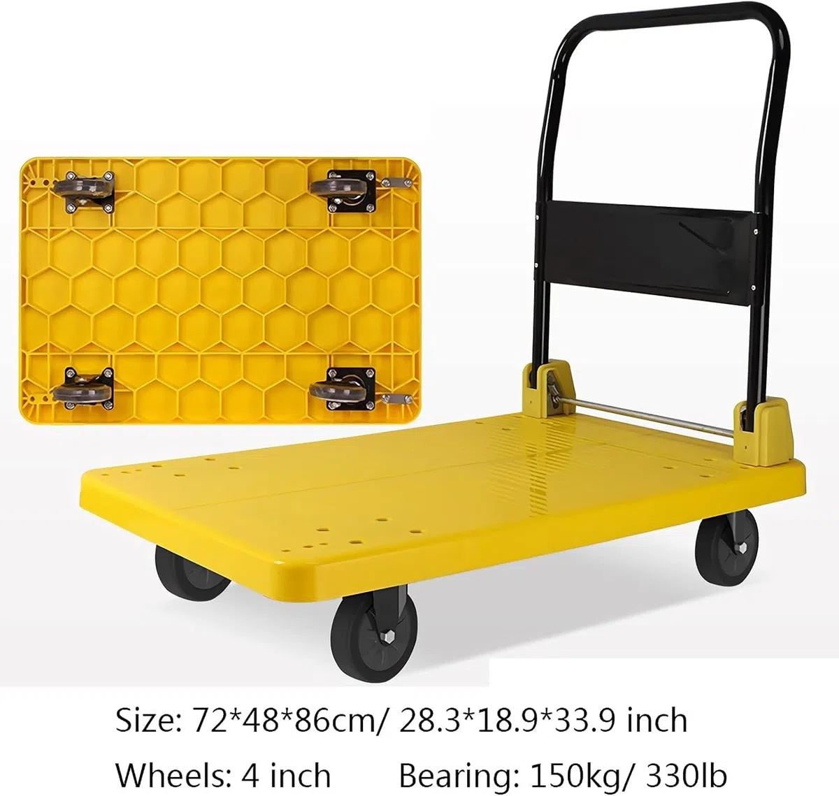 Plattformwagen, Schubkarre, zusammenklappbarer Plattformwagen, Kunststoffdeck und Metallgriff, Handwagen mit Rädern, zusammenklappbarer Schubwagen zum Bewegen von Gepäck