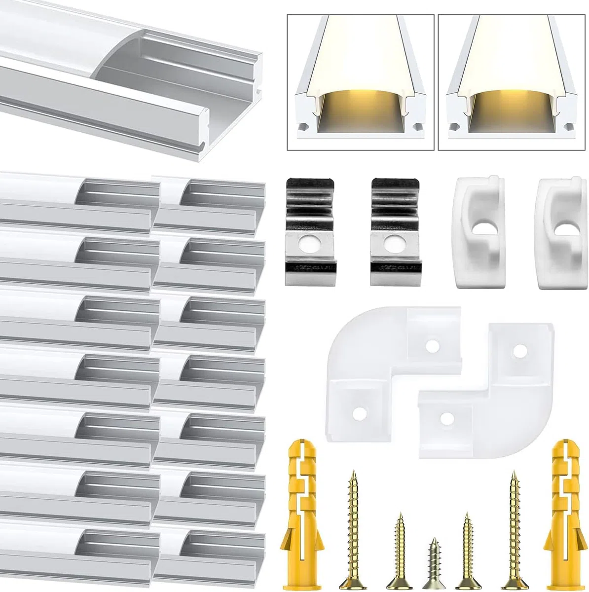 Chesbung LED Aluminium Kanal für Led Streifen/Stripes 12mm, 15X1m U Form Leiste Profil Aluprofil, Strip Schiene Streifen Diffusor mit Milchig Weißer Abdeckung, Montageclips und 90 Grad Eckverbindern