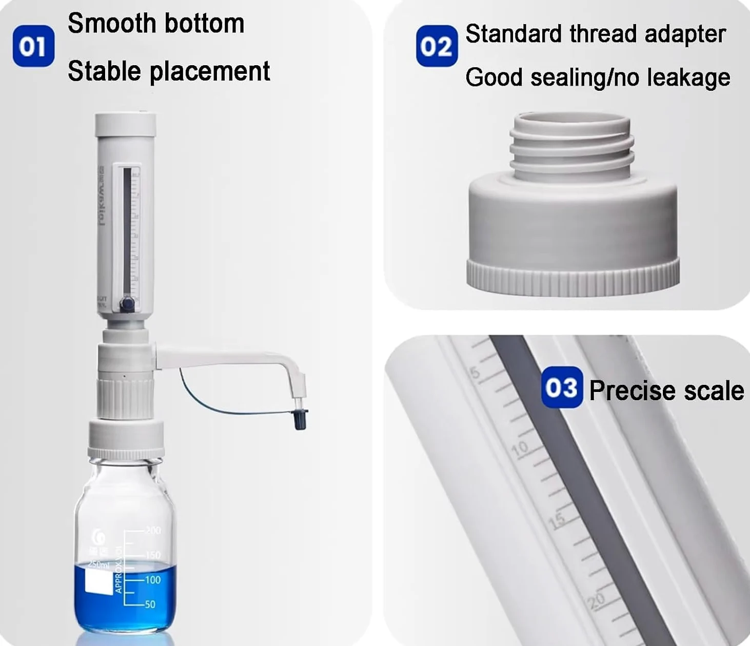 Labor-flüssigkeitsbürette, Flaschenaufsatz-dosierer, Quantitative Dosierer, Einstellbares Volumen 5–30 Ml, Mit 5 Gl-gewindeadaptern, Dosiert Reagenzien Präzise Aus Laborflaschen. 250ml