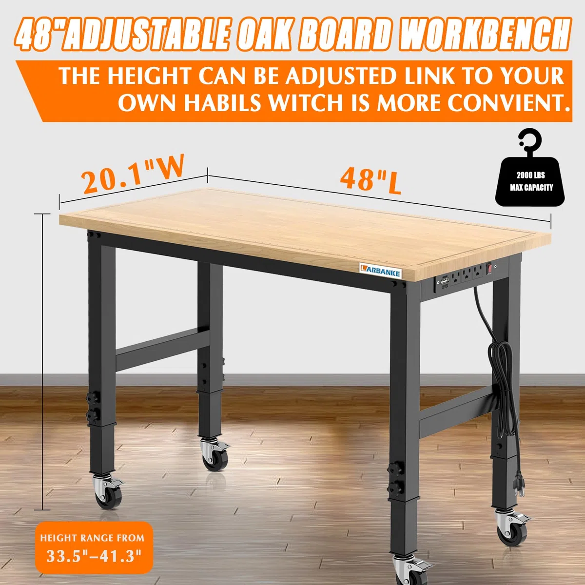 LARBANKE 120cm Werkbank aus Gummibaumholz für schwere Lasten mit Präzisionsskala, Belastbarkeit 910 kg,die Werkbank mit Rollen ist in 5 Stufen höhenverstellbar,Anwendbar in Vielen Situationen