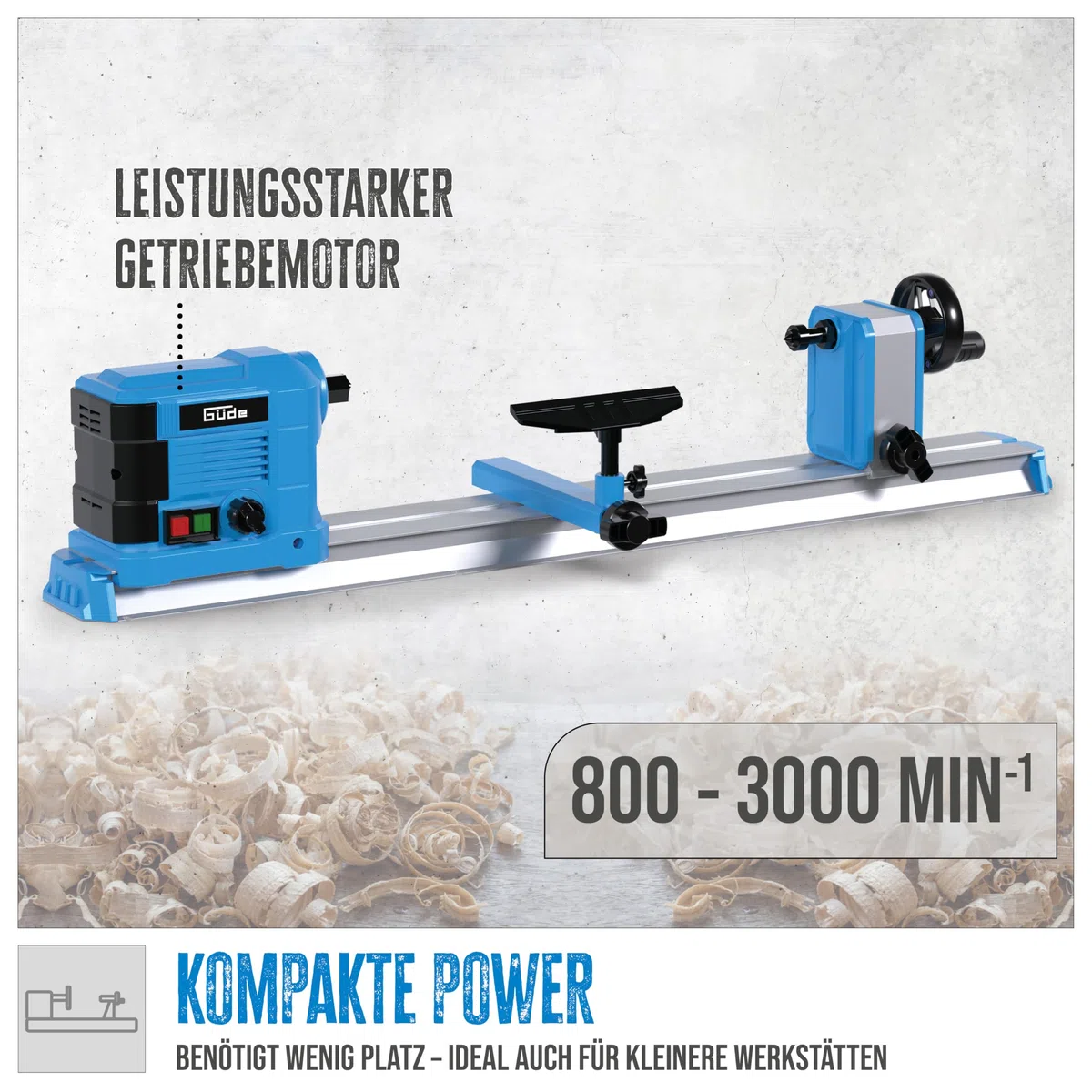 Güde Drechselmaschine GDM 600 (Getriebemotor 550 W, 800-3000 1/min, Softstarter, variable Geschwindigkeit, M18-Gewinde, Körnerspitze, Reitstock, Werkzeugauflage, für Werkstücke bis 600 mm/ø 250 mm)