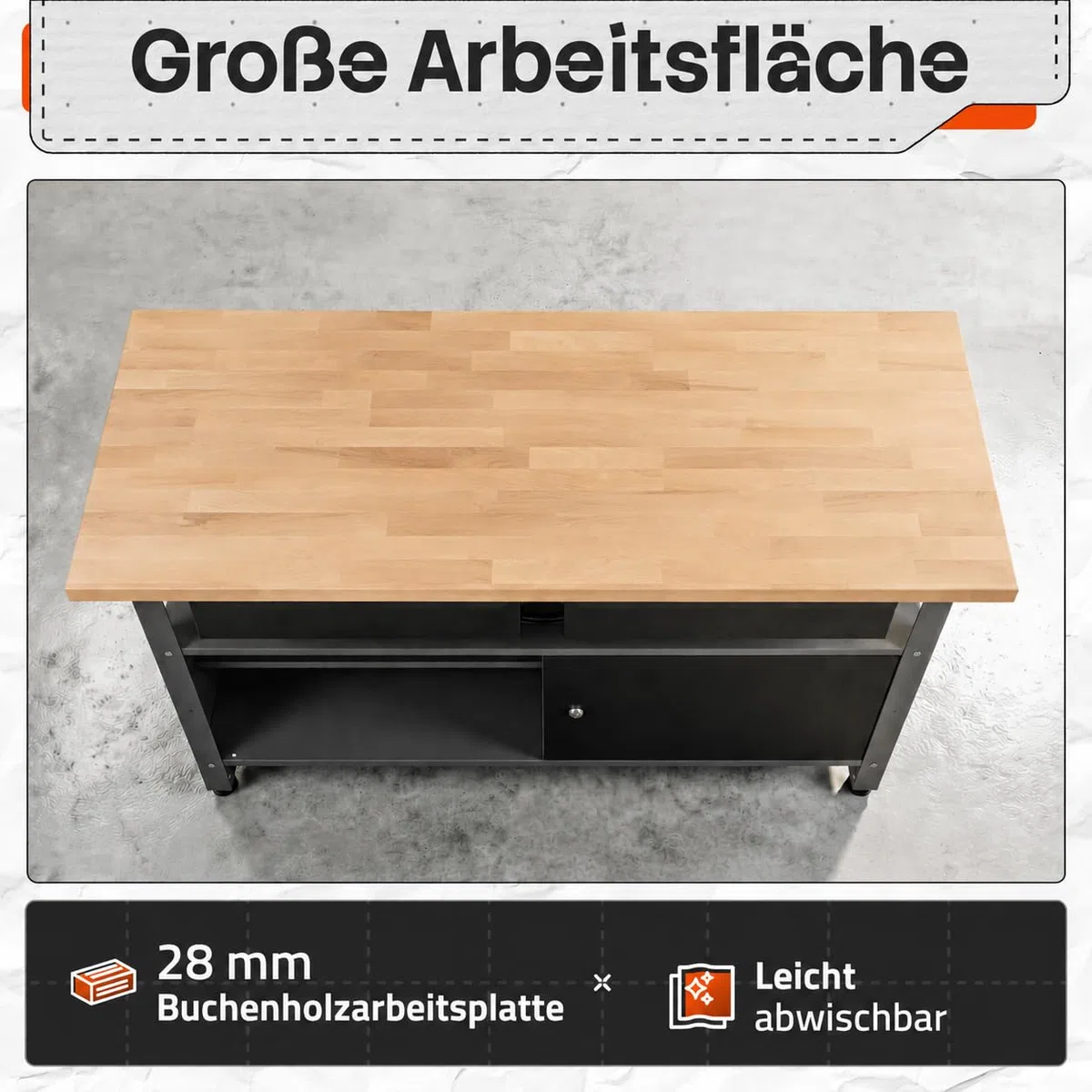 Ondis24 Werkstatteinrichtung Werkstatt Set Werkbank Fritz Hängeschrank Werkzeugwand Metall Schwarz Grau (Hängeschrank Kurt, 240 cm) Buchenholzarbeitsplatte