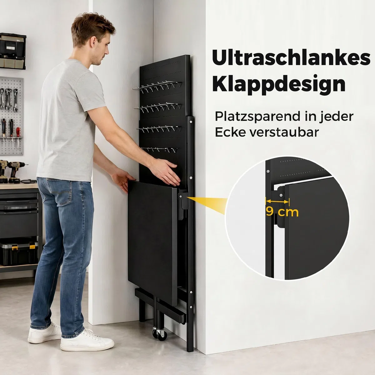 HOMCOM Werkbank mit Lochwand, 115 x 62 x 143,5 cm Klappbare Mobile Werkbank mit Rollen, Dicke Arbeitsplatte, Stahlrahmen, Haken, Werktisch für Garage, Holzwerkstatt, Schwarz