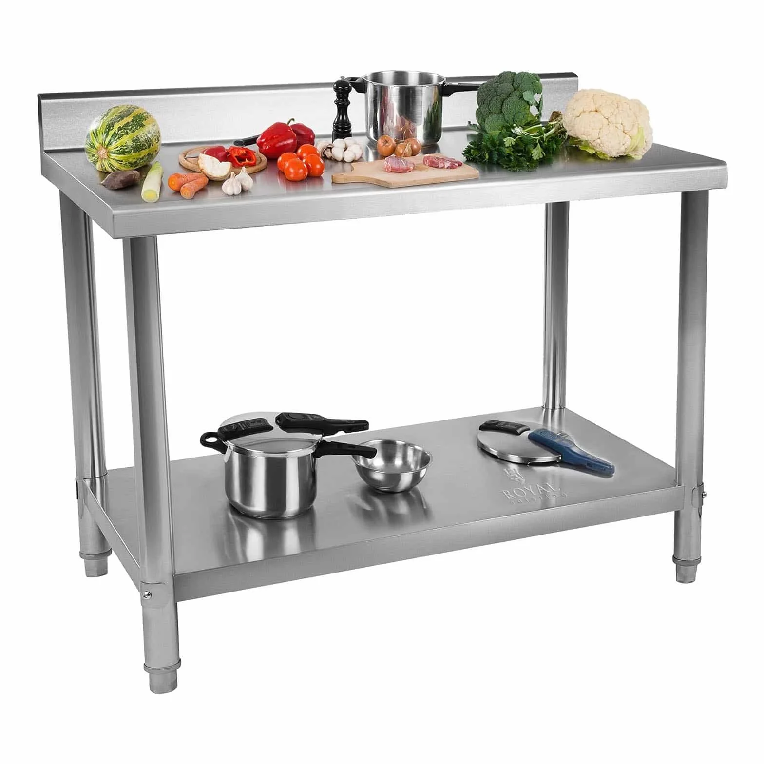 Royal Catering RCAT-120/70-N Arbeitstisch Edelstahl Küche Edelstahltisch 120 x 70 cm mit Aufkantung höhenverstellbar Grilltisch Outdoor Küchenmöbel