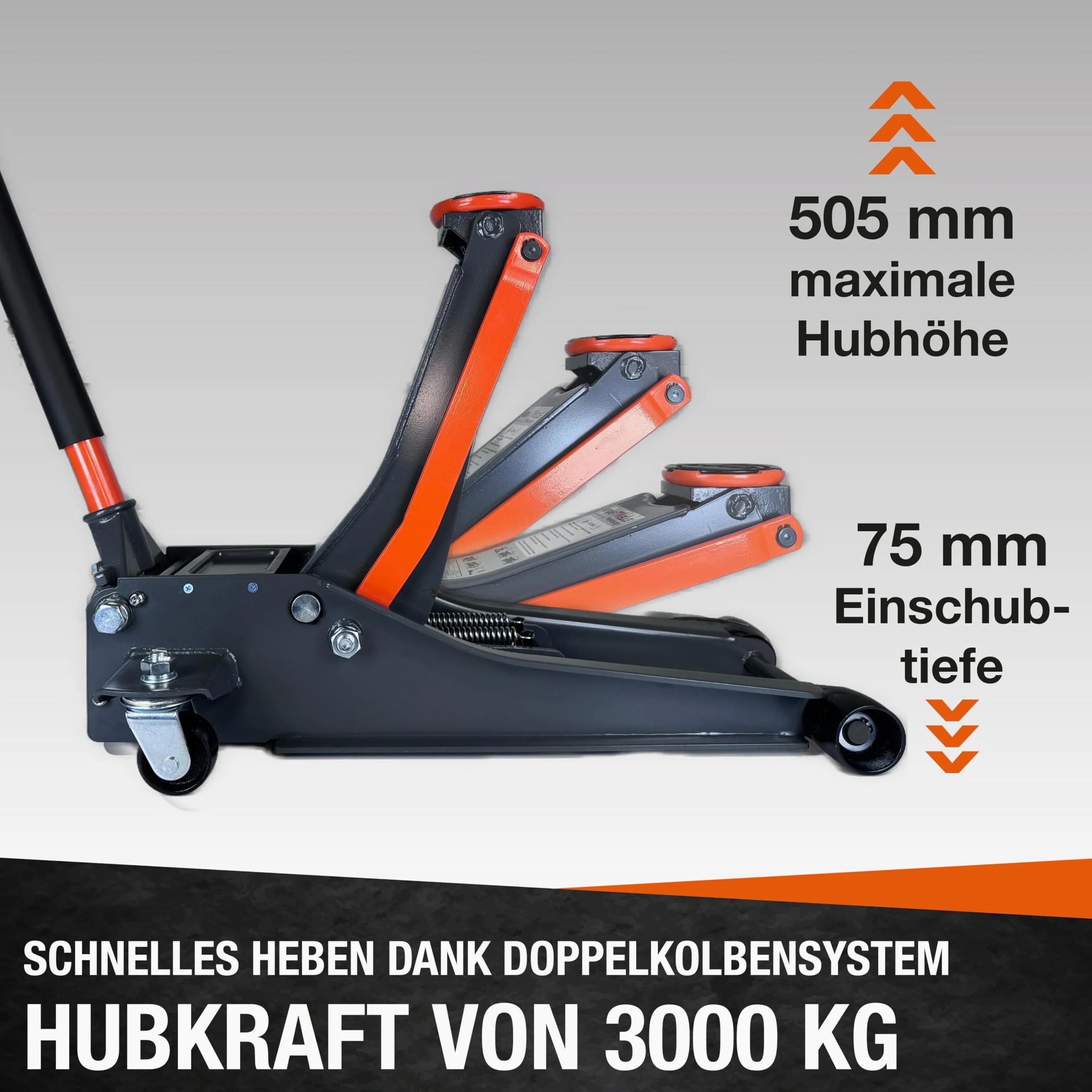 Kraftwelle 4T Rangierwagenheber extra Flach 75mm-500mm Wagenheber Jack 3000 kg KFZ Auto PKW Hydraulik Doppelkolben