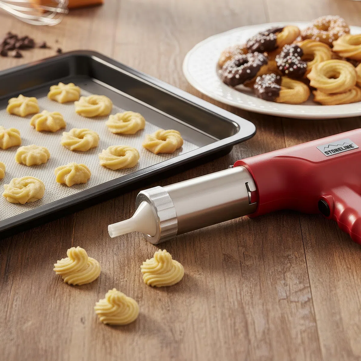 STONELINE Elektrische Nudelmaschine Pasta Maker USB C Aufladbar Akku 3000mAh, 40 W, Kabellose Hand Nudelmaschine mit 8 Aufsätzen für Nudeln Spaghetti Gnocchi Spritzgebäck Churros Presse Edelstahl, Rot