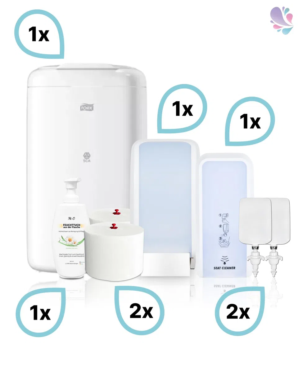 SET Damentoilette Komplettsystem Weiß | Damentoiletten-Komplettset mit Cosmos Spendern, Sitzreiniger, Intimschaum und Hygienezubehör