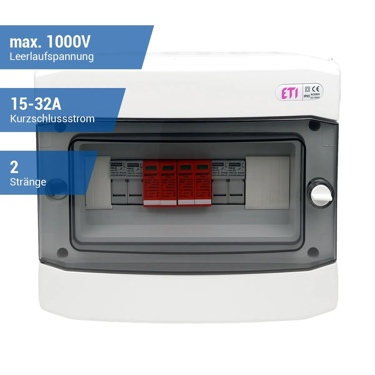 PV-Sicherungsbox 2 Strings 15-32 A 1000 V Überspannungs- & Kurzschlussschutz für Solarmodule | Generatoranschlusskasten GAK 7675 PV Strang-Absicherung
