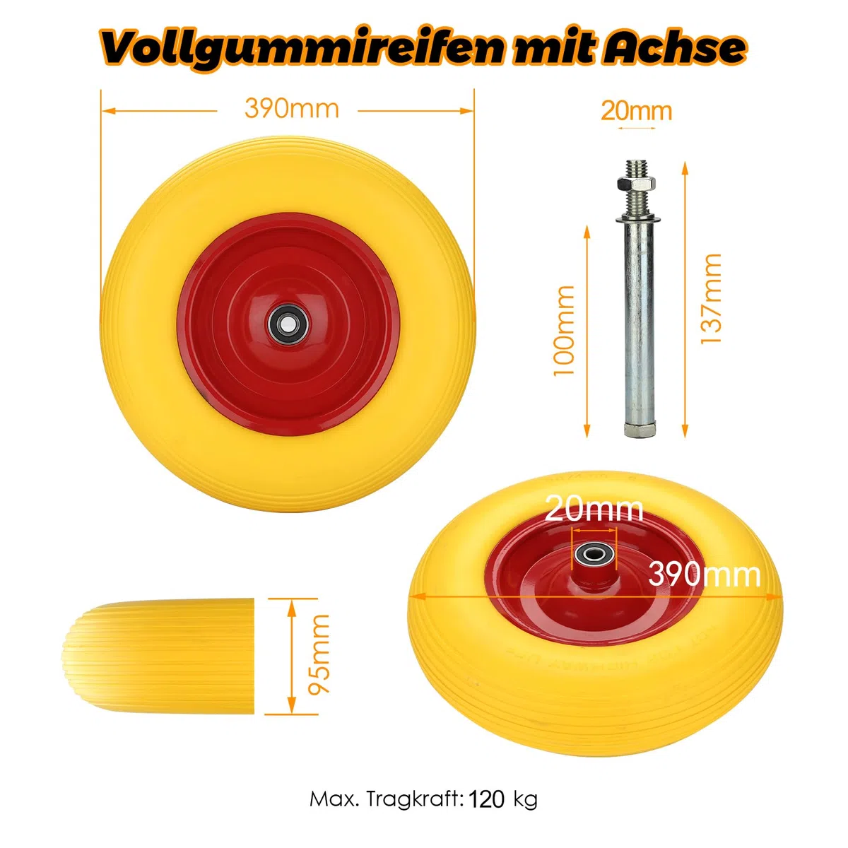 2x Schubkarrenrad 4.80 4.00-8 Vollgummi, Ersatzrad, pannensicher, 200 kg Tragkraft Gummirad mit Achse 95mm Breite, Stahlfelge Reifen gelb-rot, für Gartenkarren