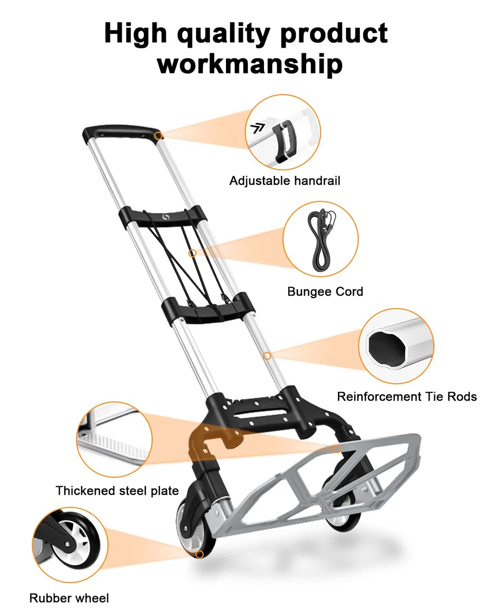 Klappbarer Sackkarren, Rollwagen mit Rädern, faltbar, Leichter Aluminium-Gepäckwagen, tragbarer, zusammenklappbarer Trolley als Mehrzweckwagen, Sackkarren für Umzüge