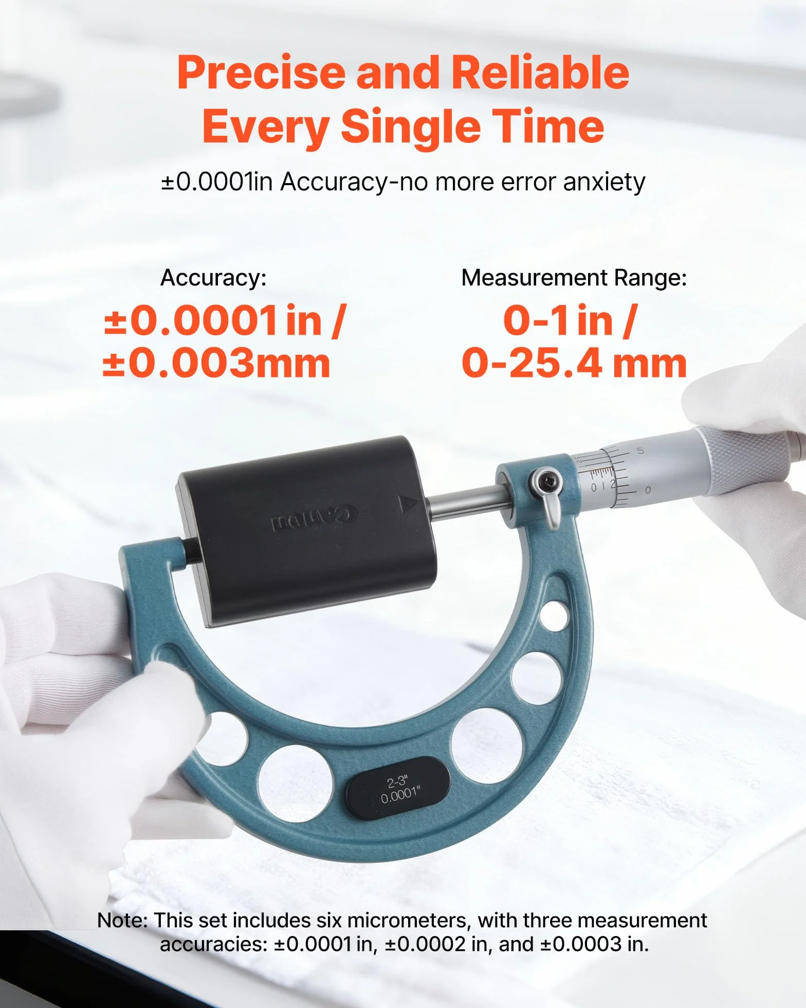 VEVOR Bügelmessschraube 4-tlg. Set, Mikrometer mit Messgenauigkeit von 0,0001/0,0002 Zoll, Messschraube für Metallbearbeitung & Maschinenbau, mit Schutzkoffer, 0-1/1-2/2-3/3-4/4-5/5-6 Zoll