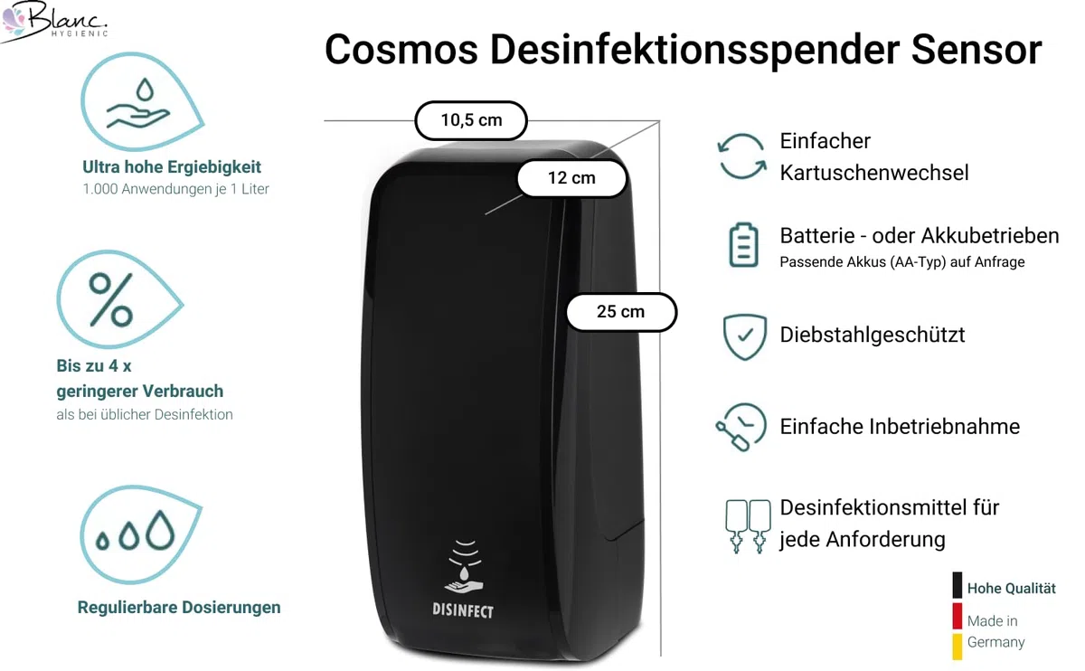 Set Cosmos Sensor Desinfektionsspender + Schale Schwarz | Berührungsloser Cosmos Desinfektionsspender mit Sensor, Auffangschale und 2x1 L Händedesinfektion für 2.000 Anwendungen