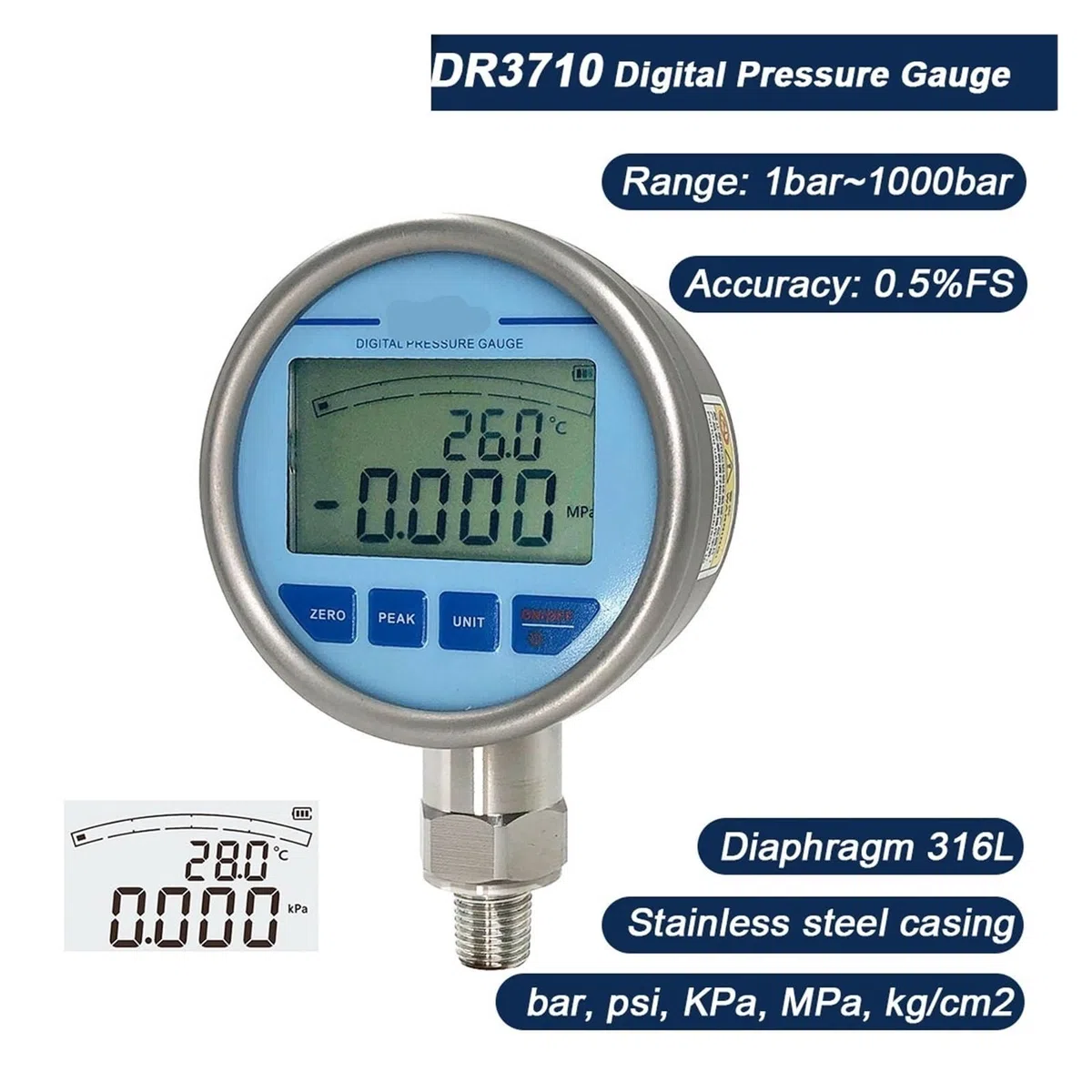 Digitales Manometer, Edelstahl-Membran-Wasser-Öl-Manometer mit Temperatur-LCD-Flüssigkeitsmanometer(-60KPa-60KPa)