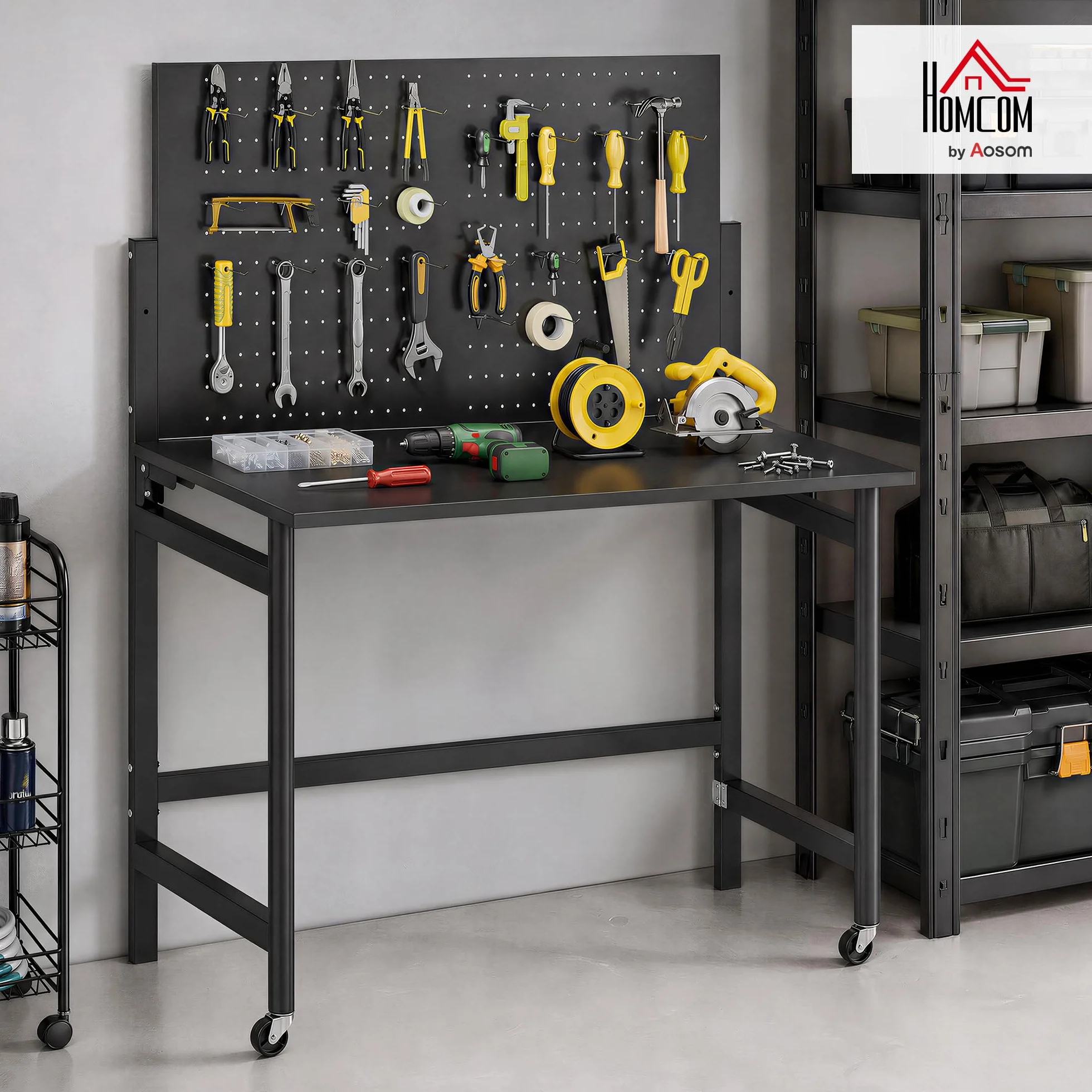 HOMCOM Werkbank mit Lochwand, 115 x 62 x 143,5 cm Klappbare Mobile Werkbank mit Rollen, Dicke Arbeitsplatte, Stahlrahmen, Haken, Werktisch für Garage, Holzwerkstatt, Schwarz
