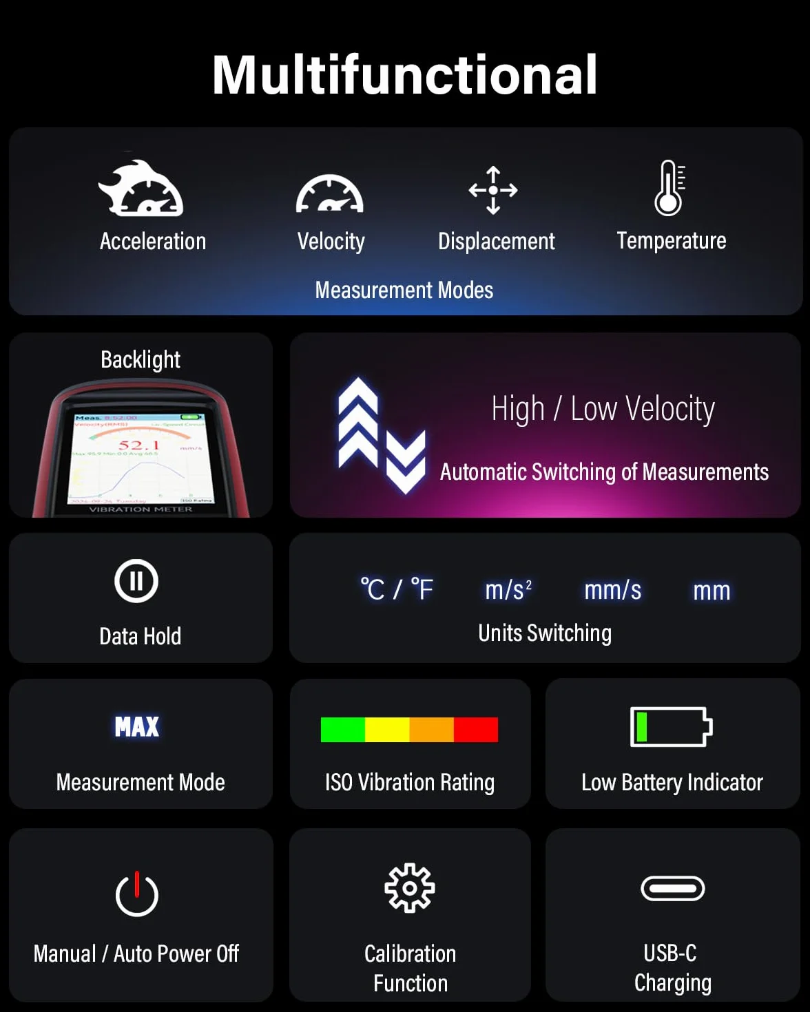 Wintact Vibrationsmessgerät, Messanalyse mechanischer Anlagen: Schwingungsbeschleunigung, Geschwindigkeit, Verschiebung, Temperatur für Motoren, Generatoren (WT633B)