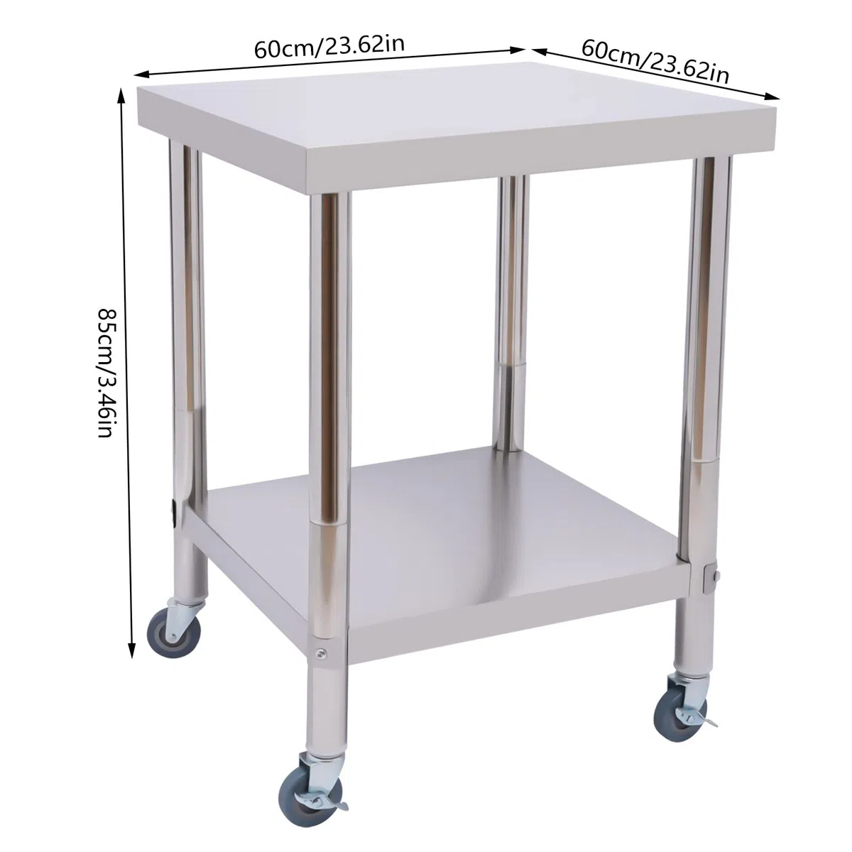 Futchoy Edelstahl Arbeitstisch mit 4 verstellabren Räder60x60x85cm Küchentisch mit extra großer unteren Ablagefläche 300kg Belastbar Gastro Küche Tisch Gastronomie Edelstahltisch