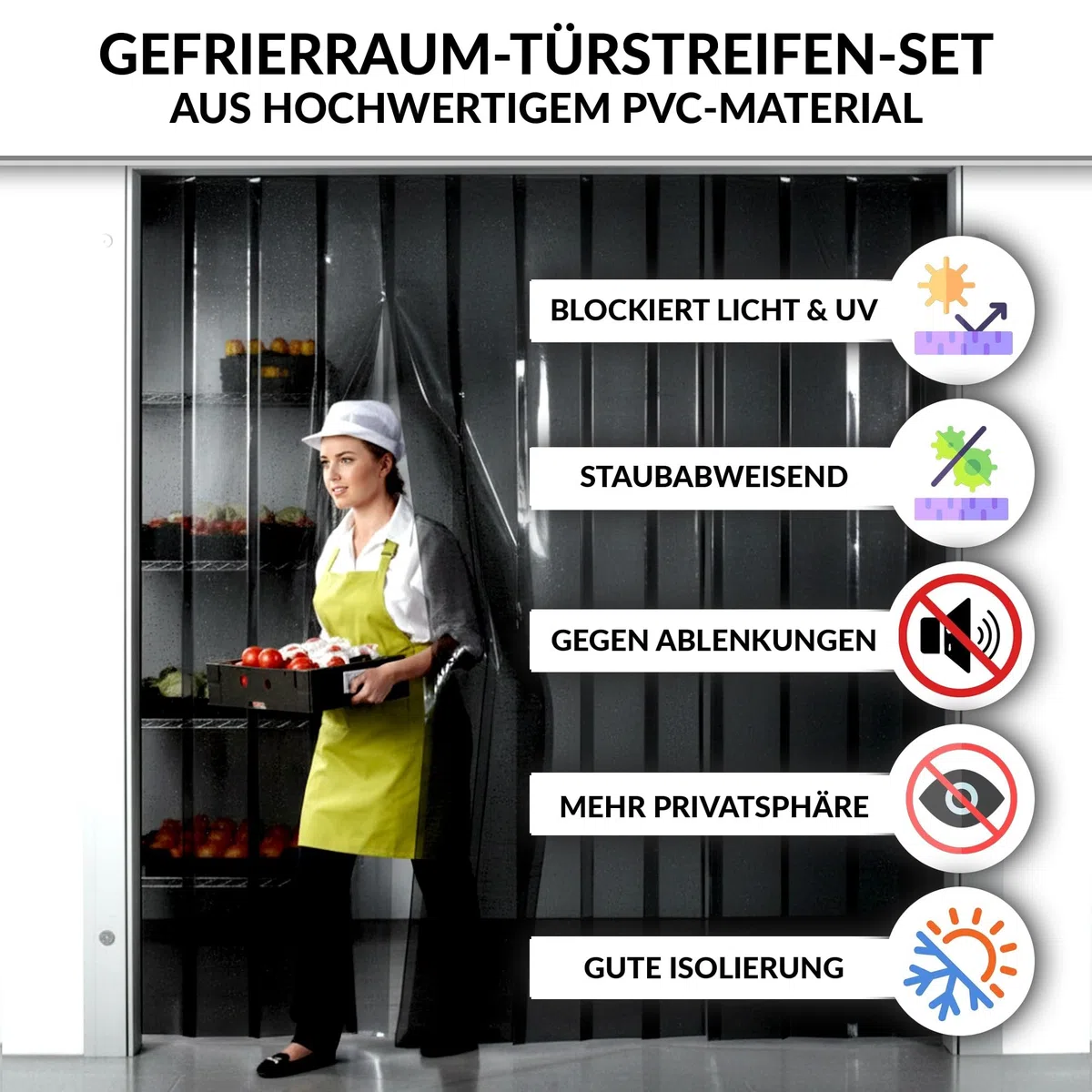 PVC-Streifenvorhang Schwarz 0.5x100' - 18cm Breite x 3048cm Höhe, Blickdicht, Lichtundurchlässig, Schwerlast, Wasserdicht, für Lager, Gefrierraum, Garage AP1173