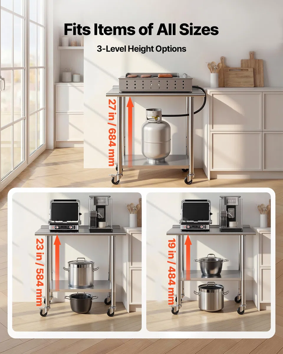 VEVOR Edelstahltisch Gastro 915 x 610 x 894 mm, Verstellbarer Edelstahltisch mit Rollen, Aufkantung (30 mm), Arbeitstisch mit Grundboden für Restaurant Obere Ablage (227 kg) Untere Ablage (191 kg)