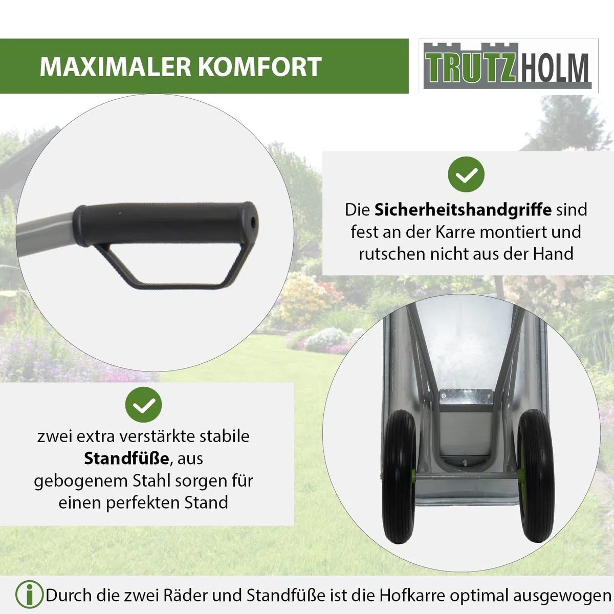 TRUTZHOLM 2-Rad Schubkarre 150L 150kg | stabile Gartenkarre Baukarre kippsicher | verzinkte Wanne | pannensichere PU-Räder | pulverbeschichteter Stahlrahmen | Sicherheitsgriffe | Zweirad