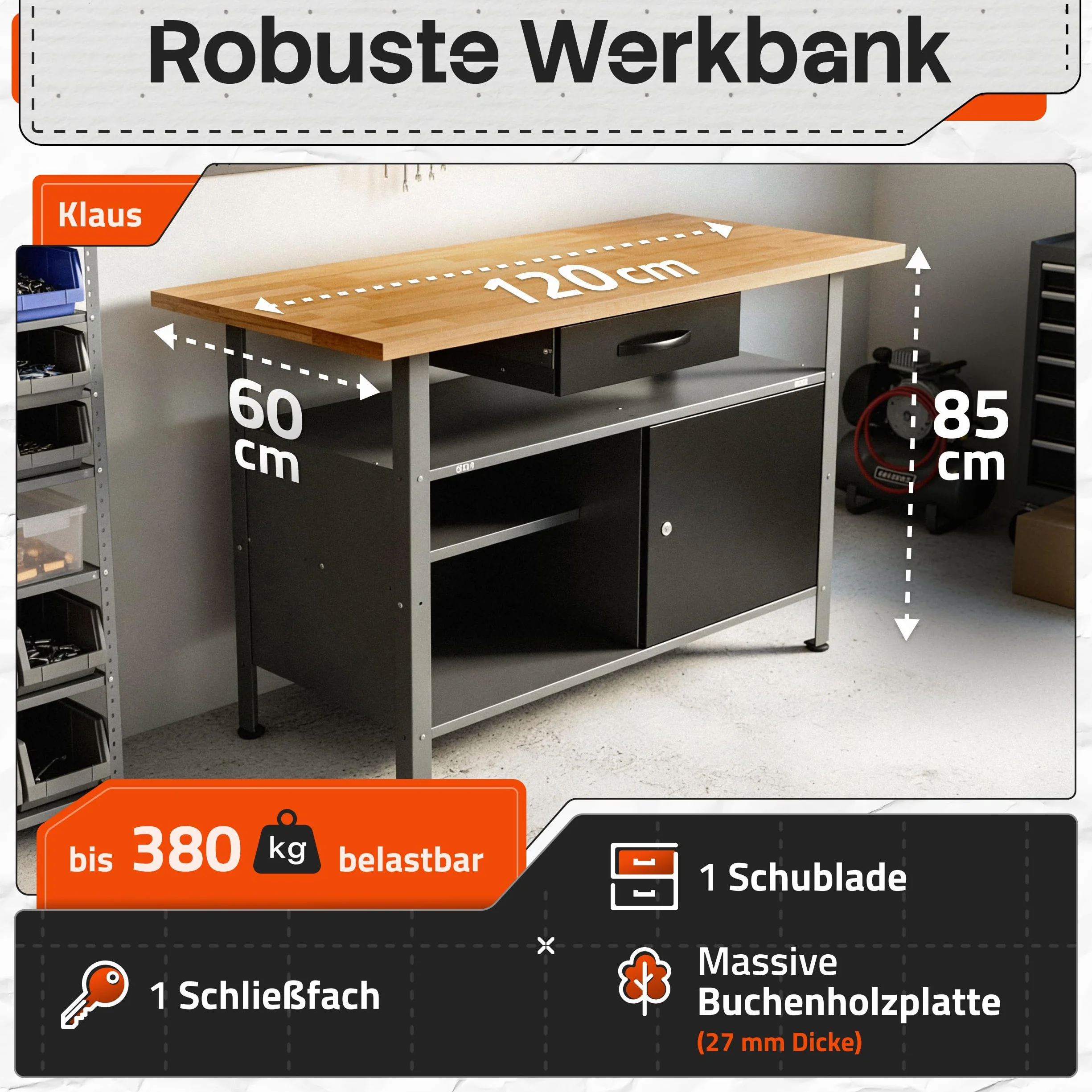Ondis24 Montagewerkbank Werkbank Klaus 120 cm, Metall, abschließbarer Tür, höhenverstellbare Füße (Arbeitshöhe 85 cm, Schwarz Buchenplatte)