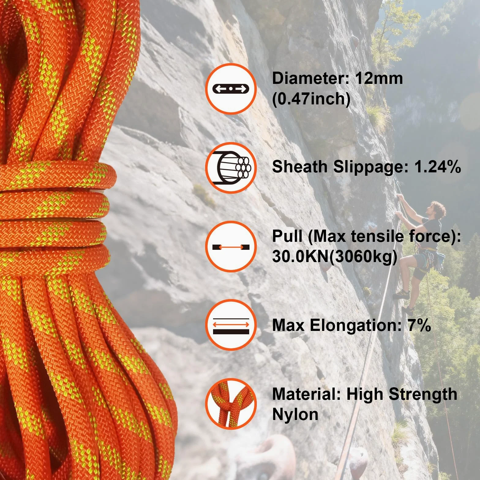 12mm statisches Seil 70m UIAA Zertifiziert Rettung Bergsteigen | Hochfestes Nylon, abriebfest & UV-beständig, für Expeditionen und alle Outdoor-Arbeiten, orange reflektierend